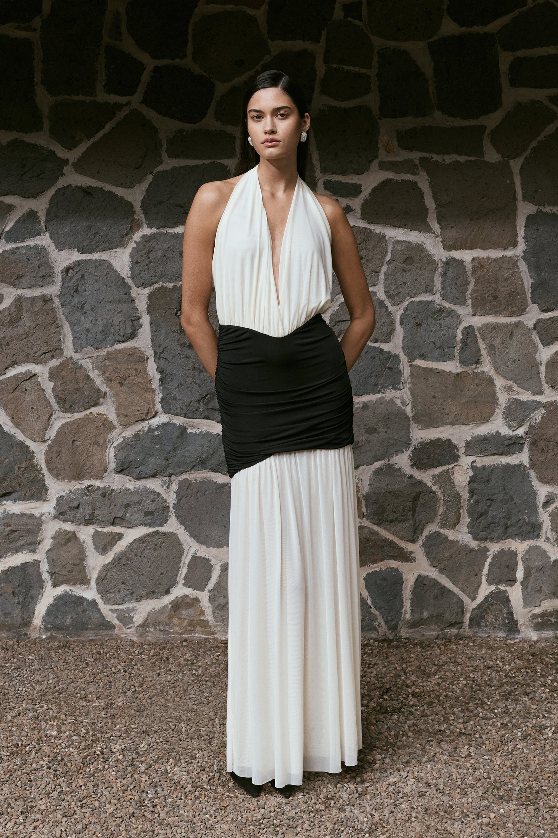 Hailee Slinky And Mesh Halter Maxi Dress / Black/White | MESHKI | L Hailee Slinky And Mesh Halter Maxi Dress / Black/White | MESHKI | L