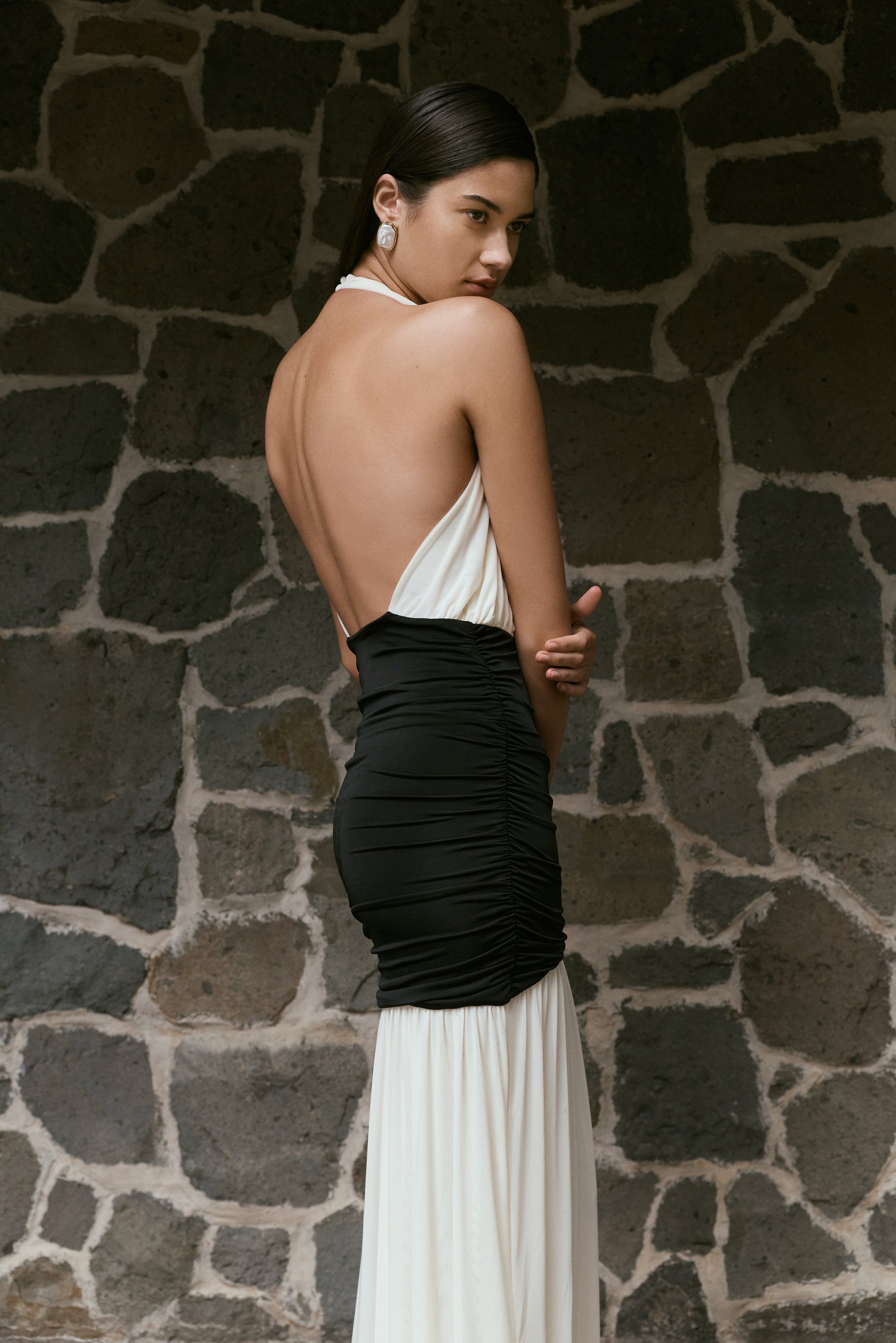 Hailee Slinky And Mesh Halter Maxi Dress - Black/White #2