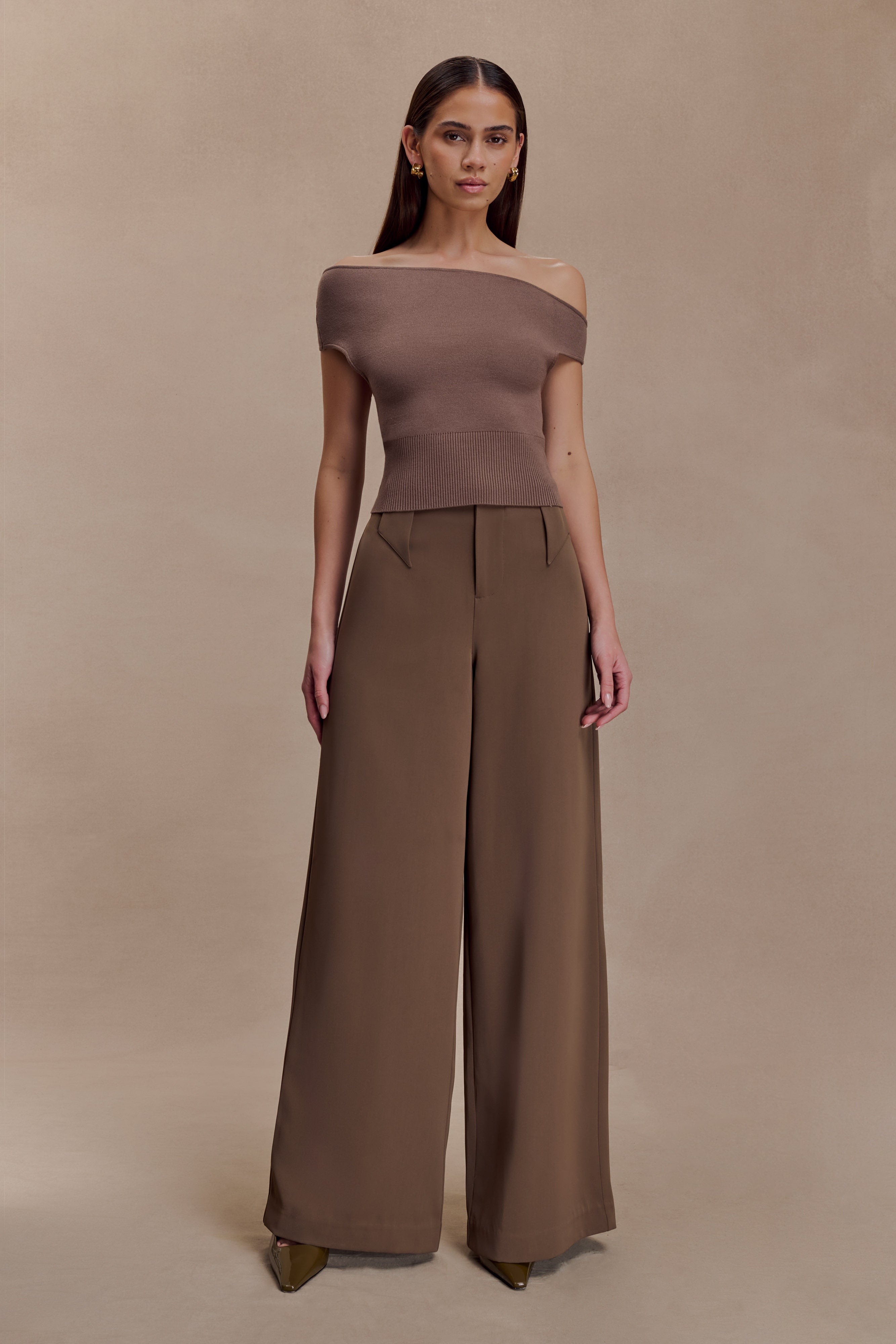 Carley Off Shoulder Knit Top - Cacao Brown | MESHKI US