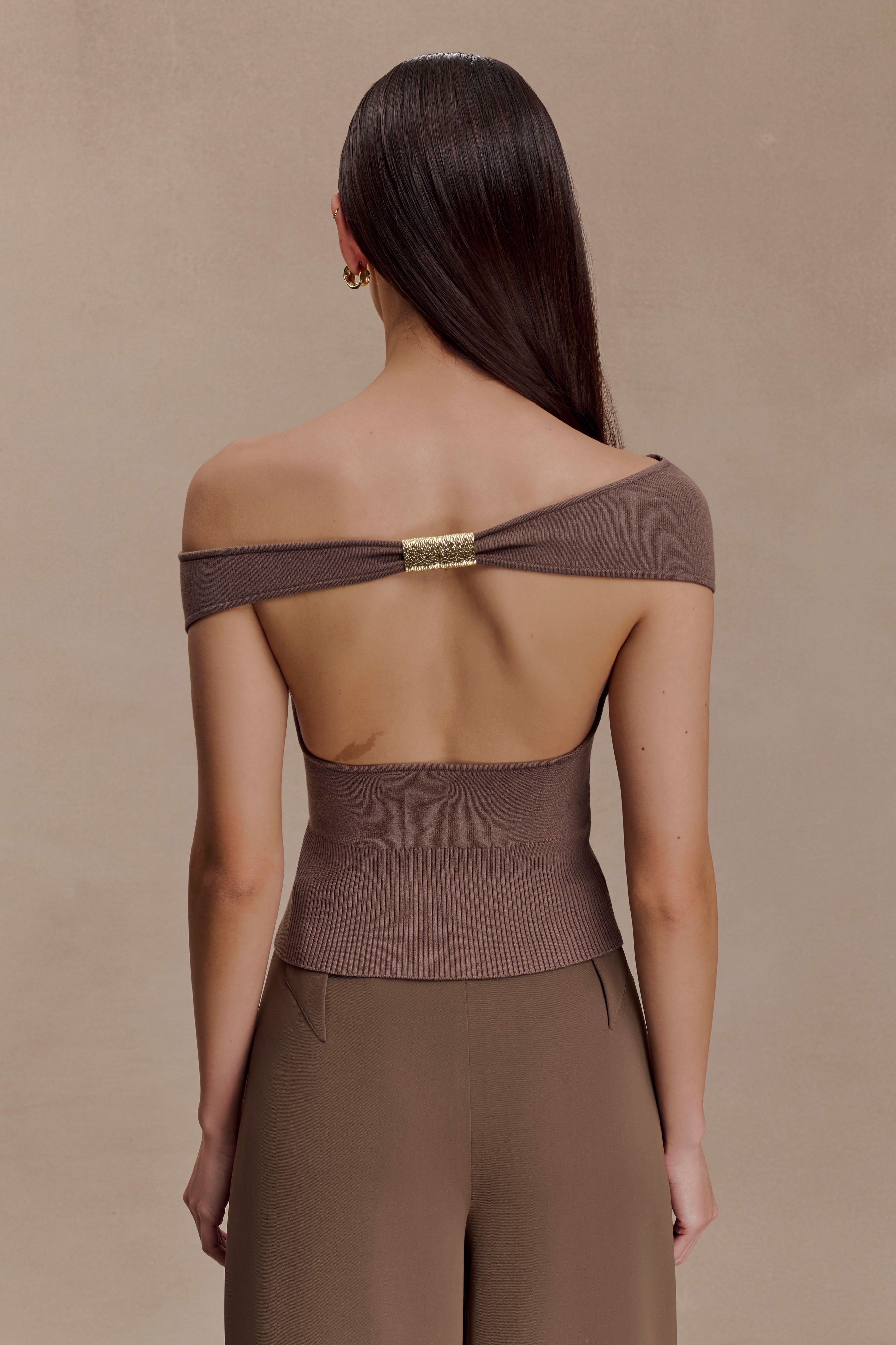Carley Off Shoulder Knit Top - Cacao Brown | MESHKI US