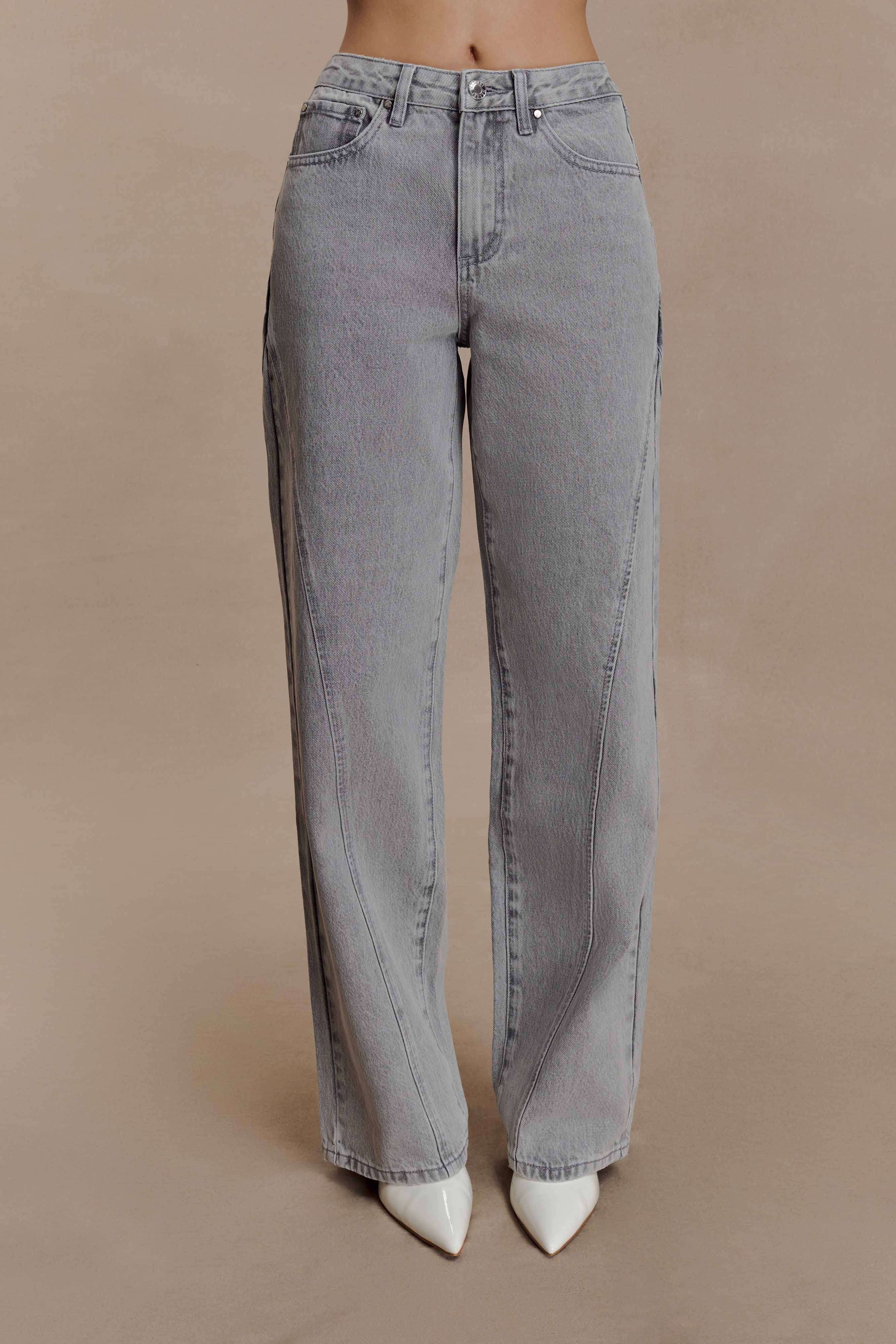 Georgette Mid Rise Paneled Denim Jeans - Grey | MESHKI US