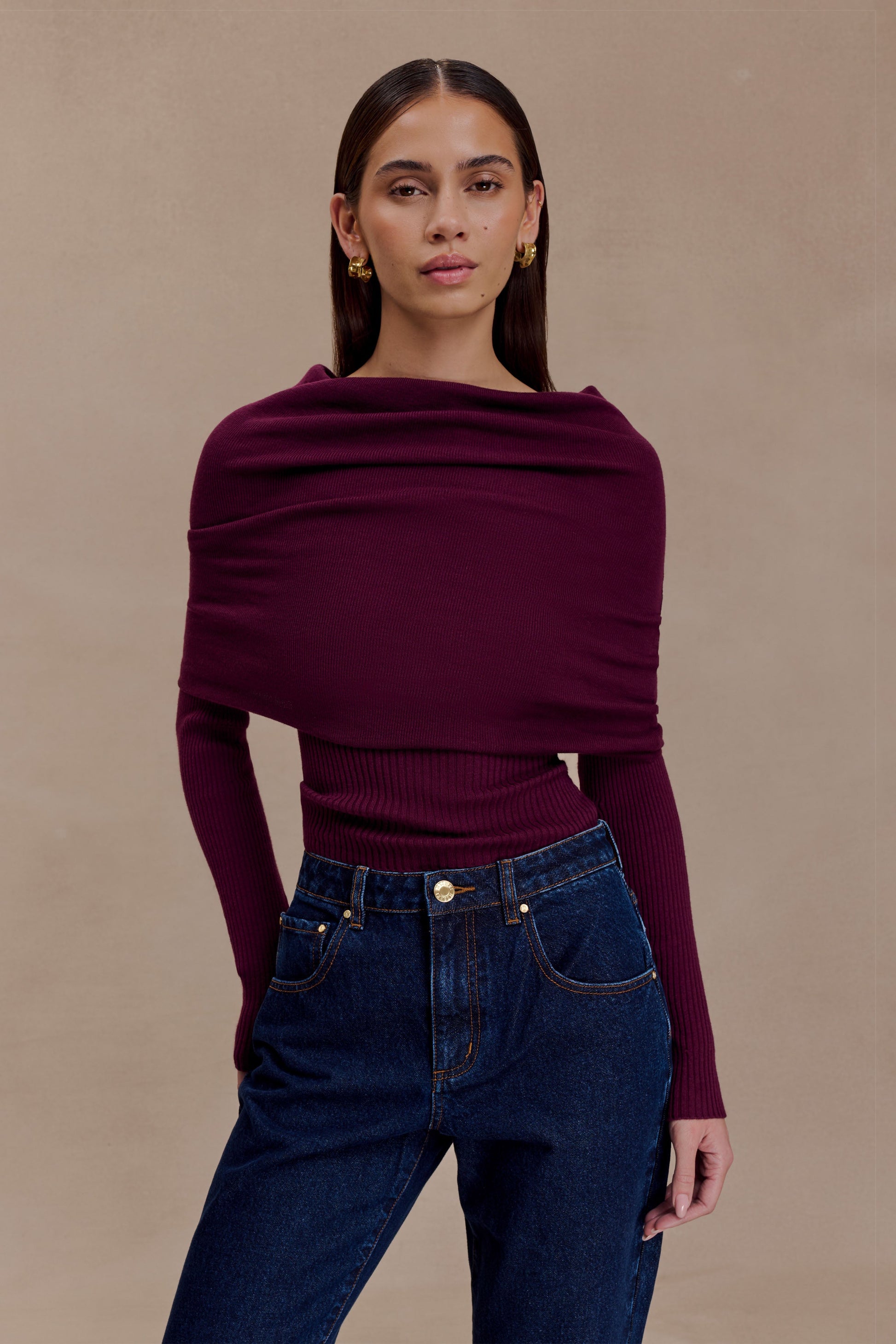 Mazie Asymetrical Cashmere Blend Long Sleeve Knit Top - Plum