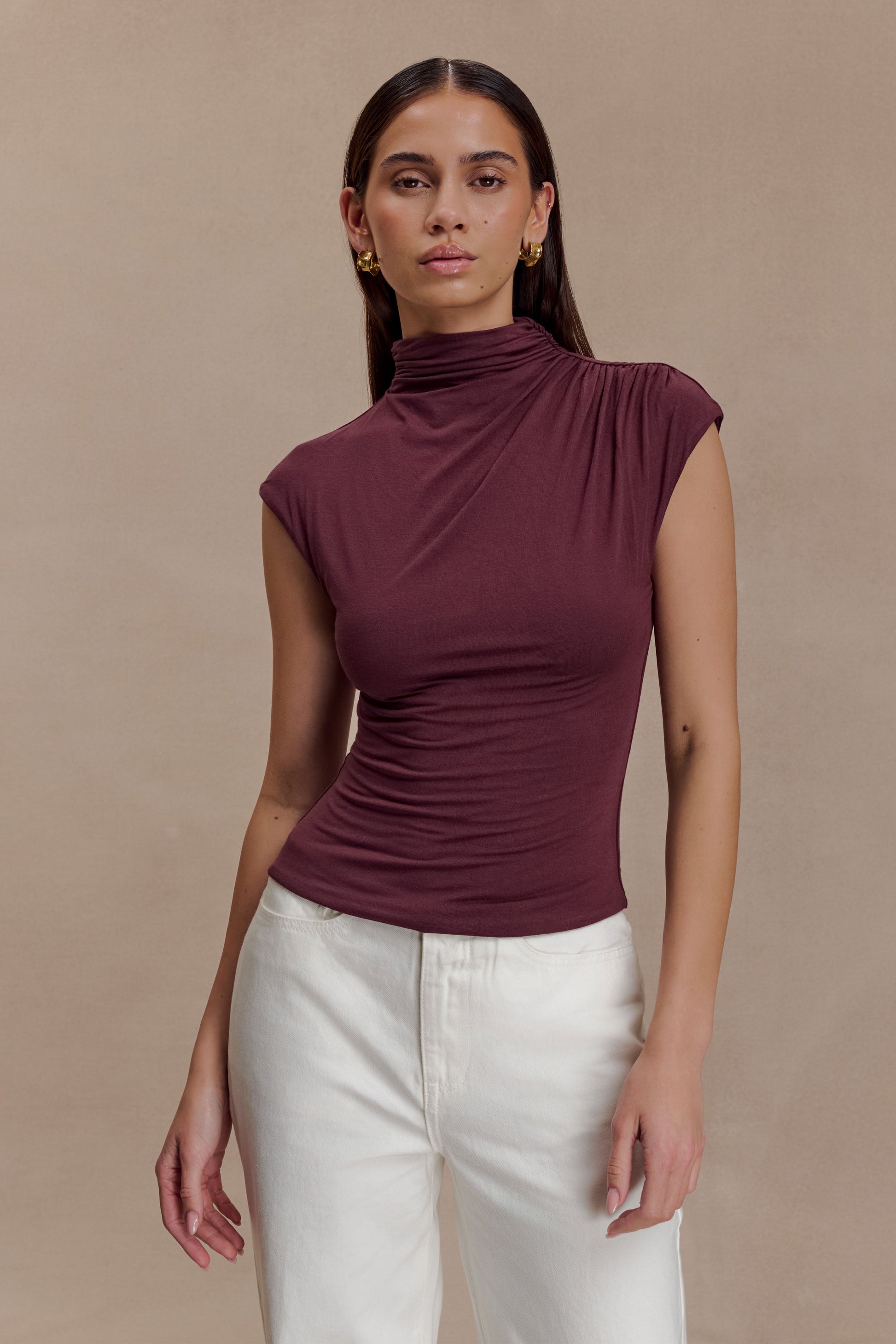 Freesia High Neck Sleeveless Top - Mahogany