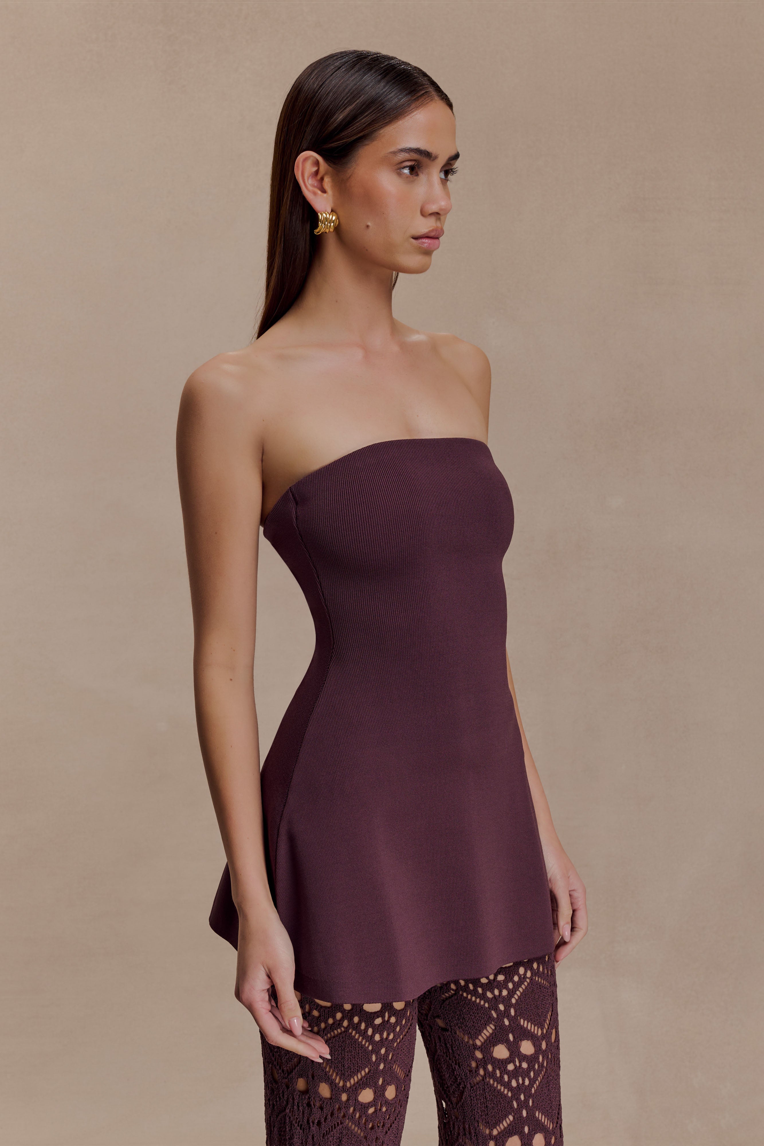 Anette Bandage Knit Strapless Top - Chocolate | MESHKI US