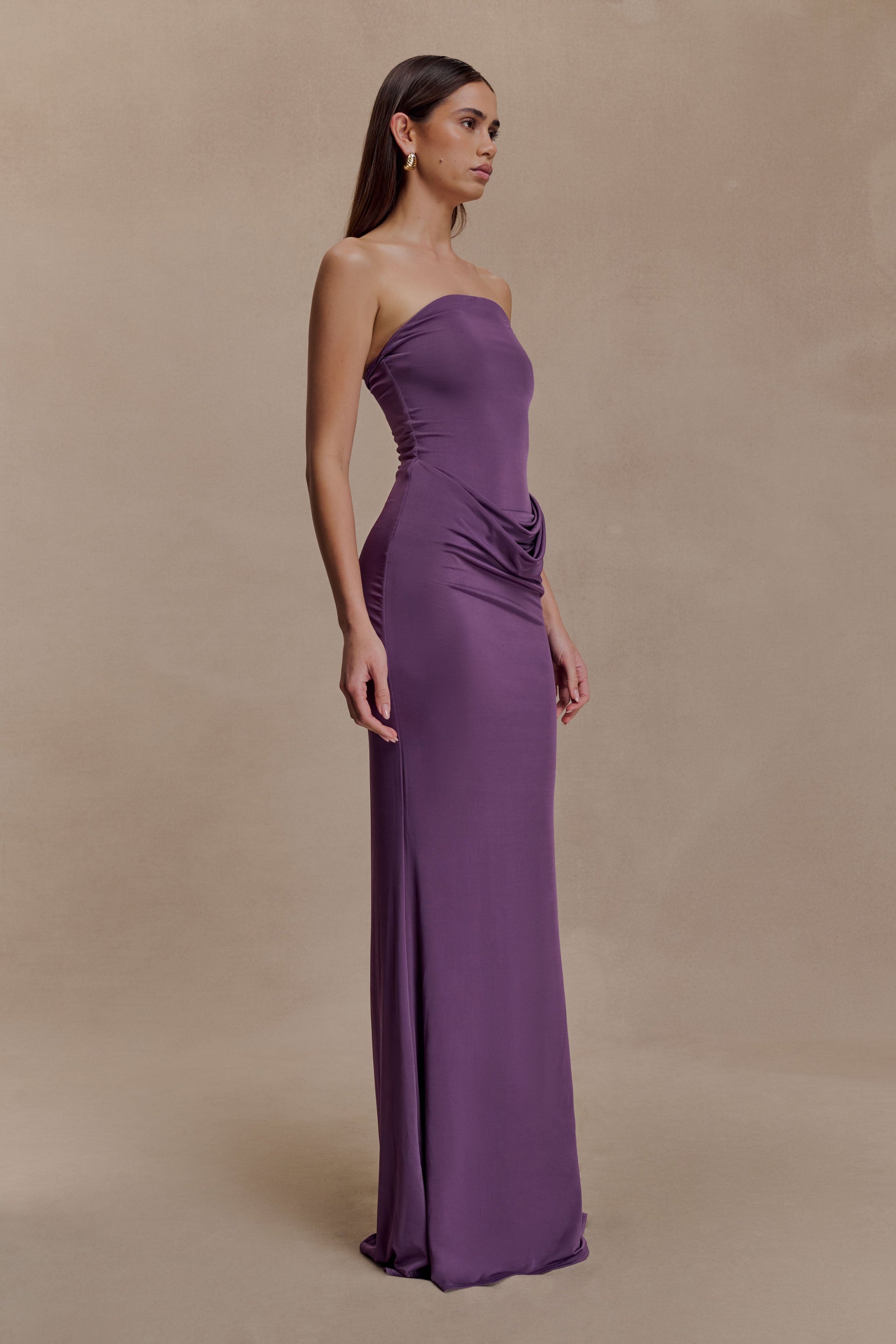 Madison Strapless Slinky Maxi Dress / Purple | MESHKI