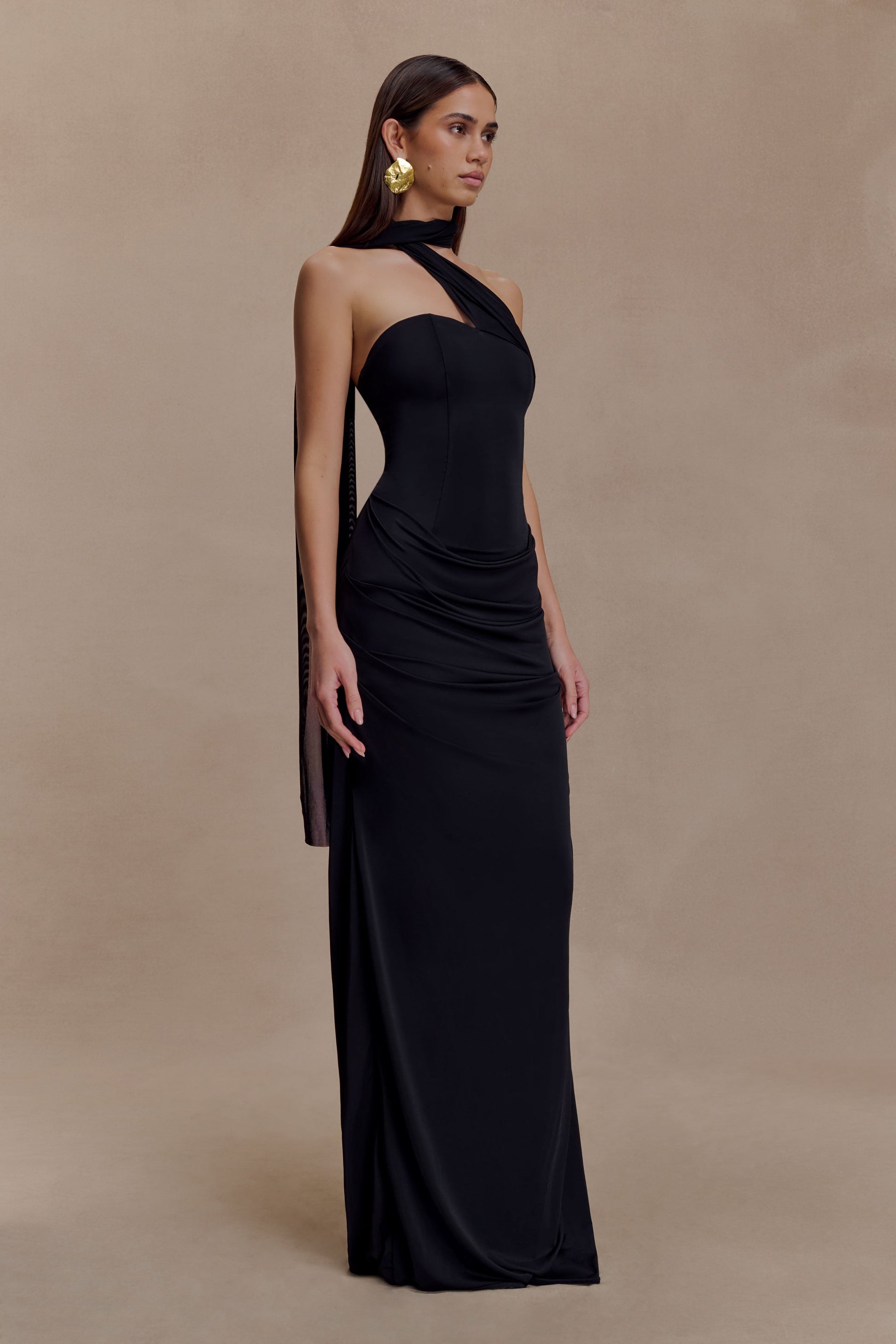 Mattea Slinky And Mesh Maxi Dress With Scarf - Black | MESHKI US Mattea Slinky And Mesh Maxi Dress With Scarf - Black | MESHKI US