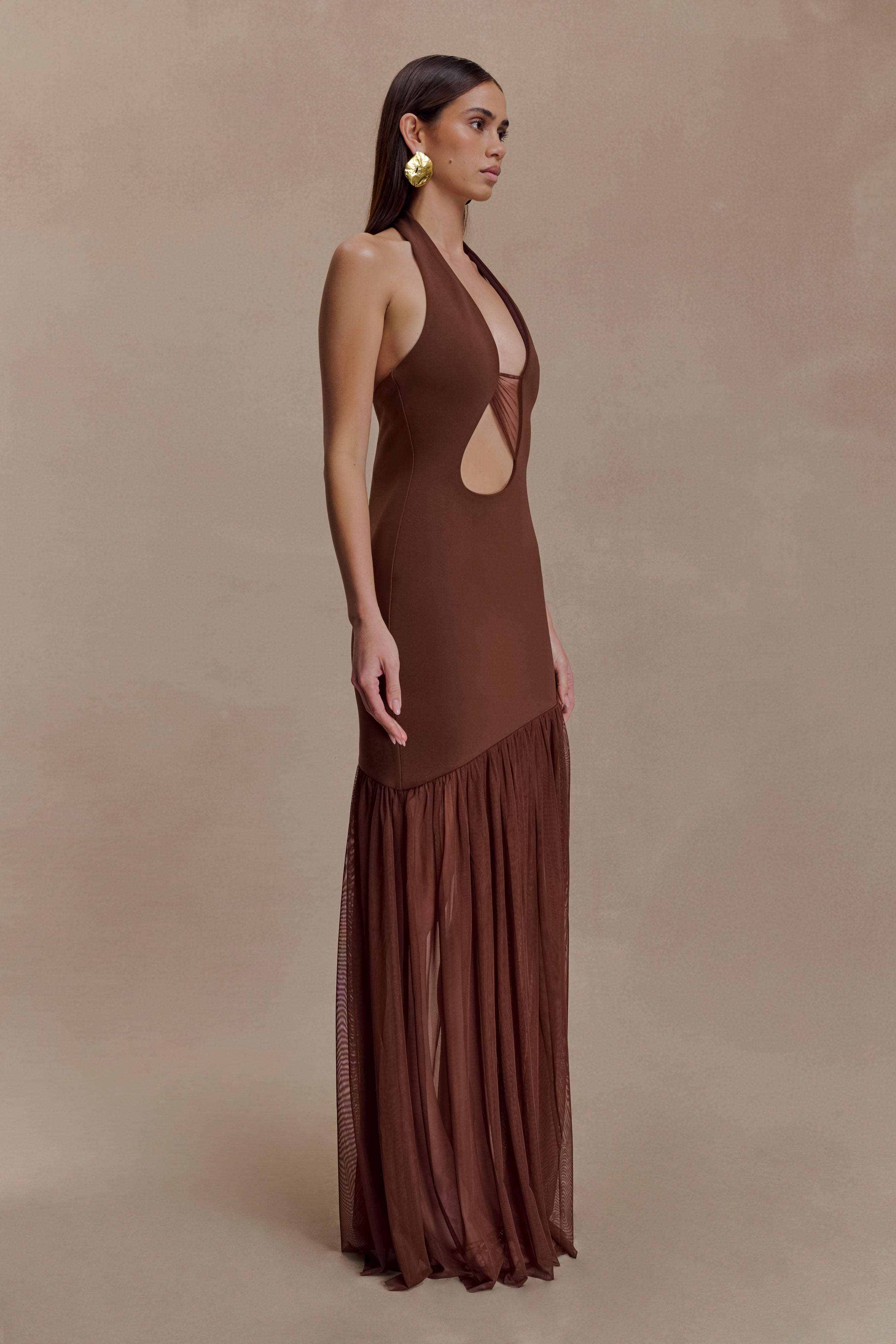 Aubree Crepe And Mesh Maxi Dress - Chocolate/Mocha | MESHKI US