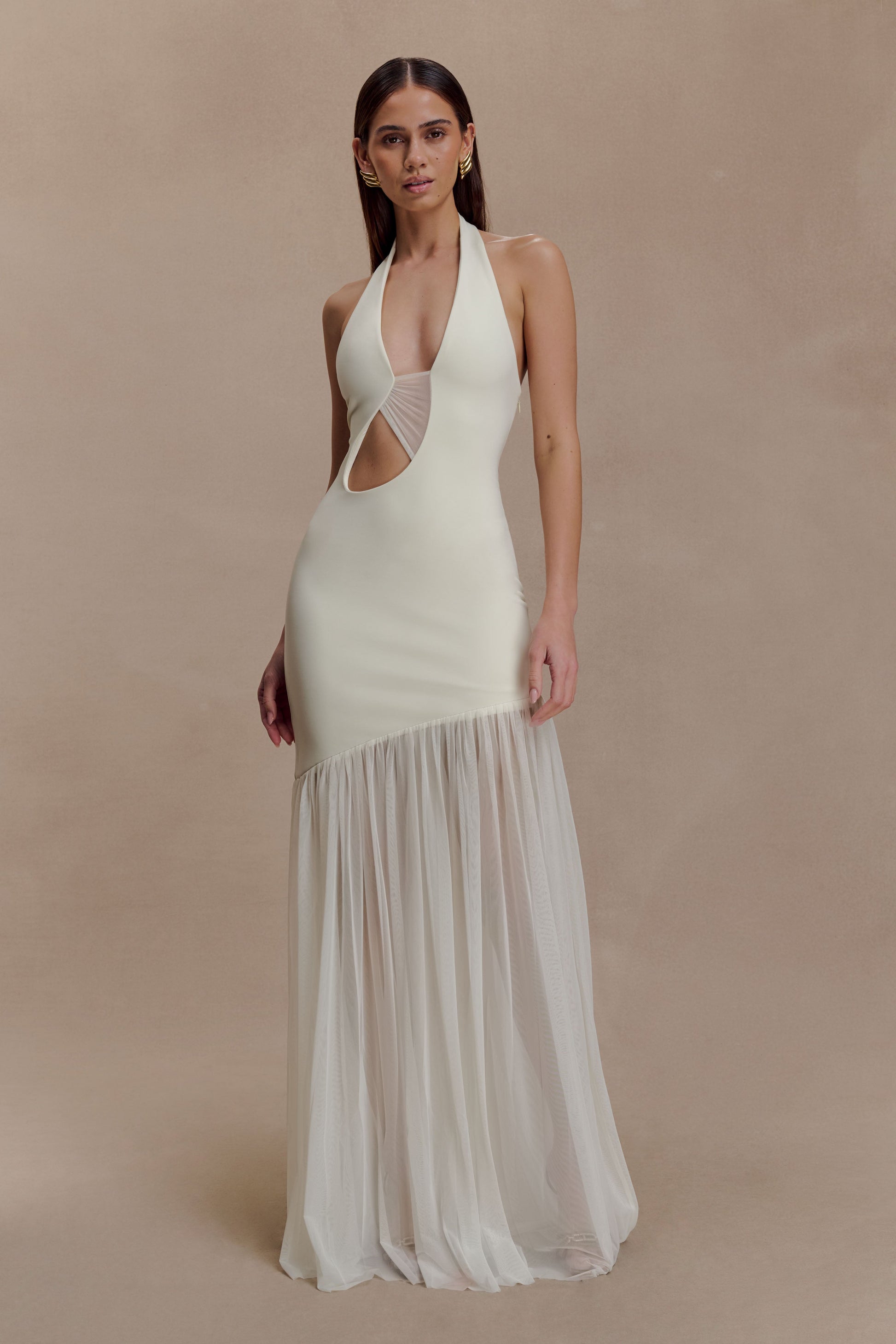 Aubree Crepe And Mesh Maxi Dress / Ivory | MESHKI | XS Aubree Crepe And Mesh Maxi Dress / Ivory | MESHKI | XS
