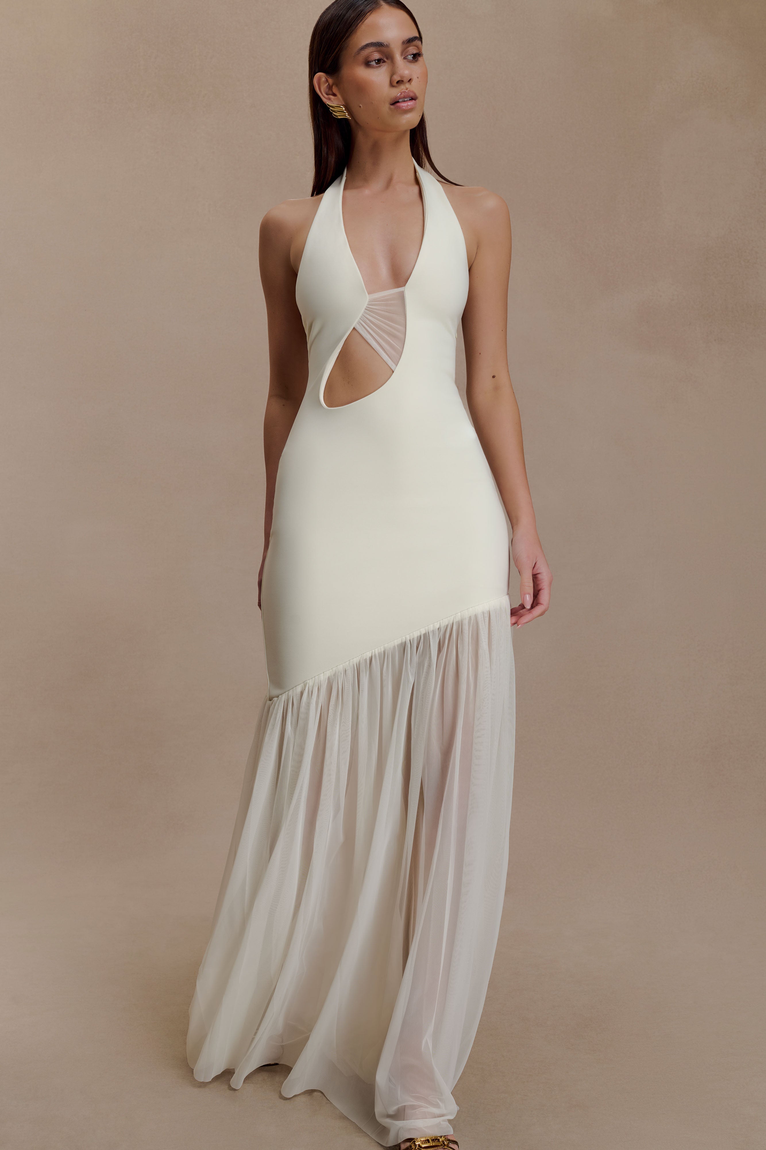 Aubree Crepe And Mesh Maxi Dress - Ivory | MESHKI US