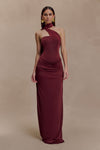 Mattea Slinky And Mesh Maxi Dress With Scarf - Burgundy