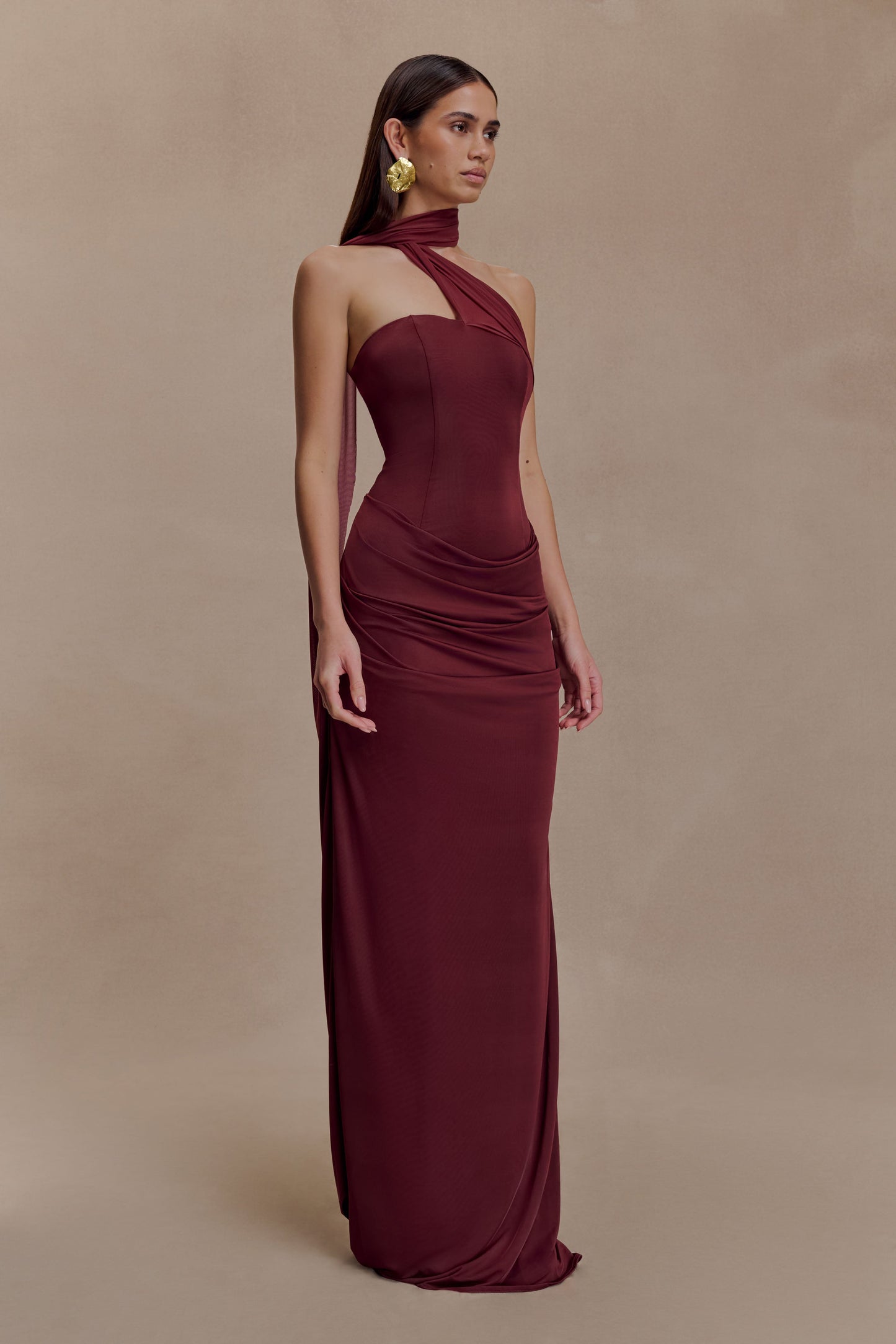Mattea Slinky And Mesh Maxi Dress With Scarf - Burgundy