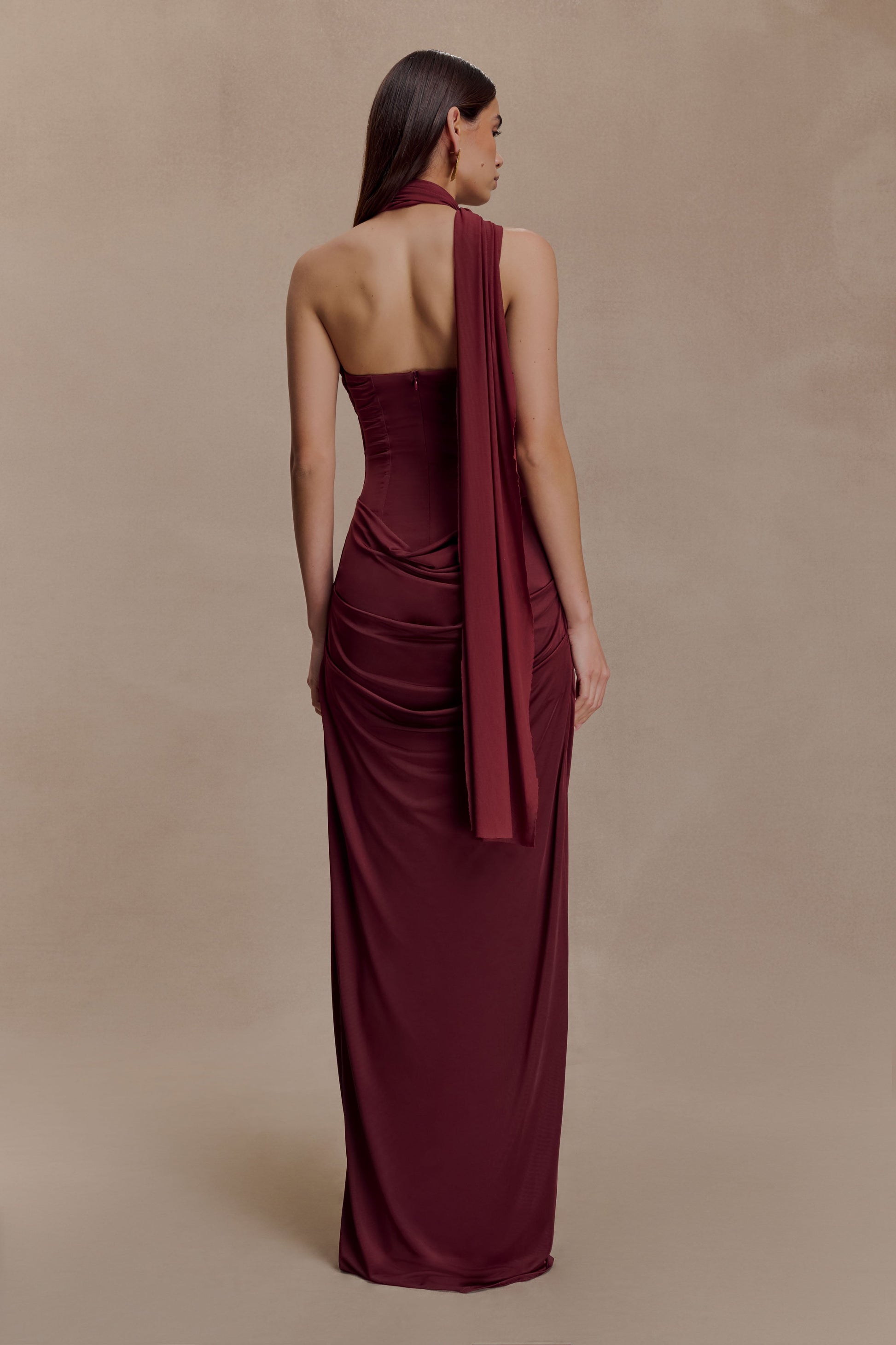 Mattea Slinky And Mesh Maxi Dress With Scarf / Burgundy | MESHKI | M Mattea Slinky And Mesh Maxi Dress With Scarf / Burgundy | MESHKI | M