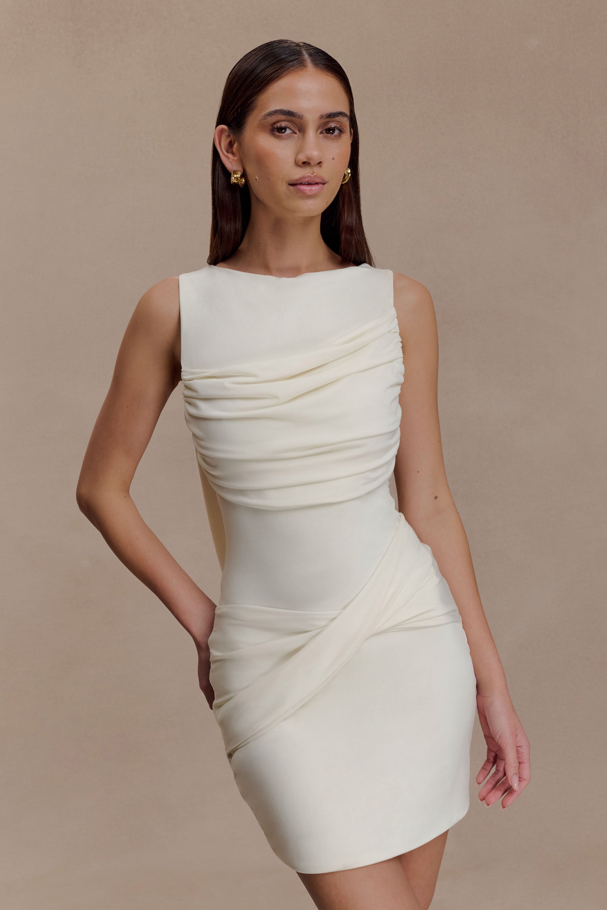 Henley Slinky Drape Mini Dress / Ivory | Meshki | 3XL Henley Slinky Drape Mini Dress / Ivory | Meshki | 3XL