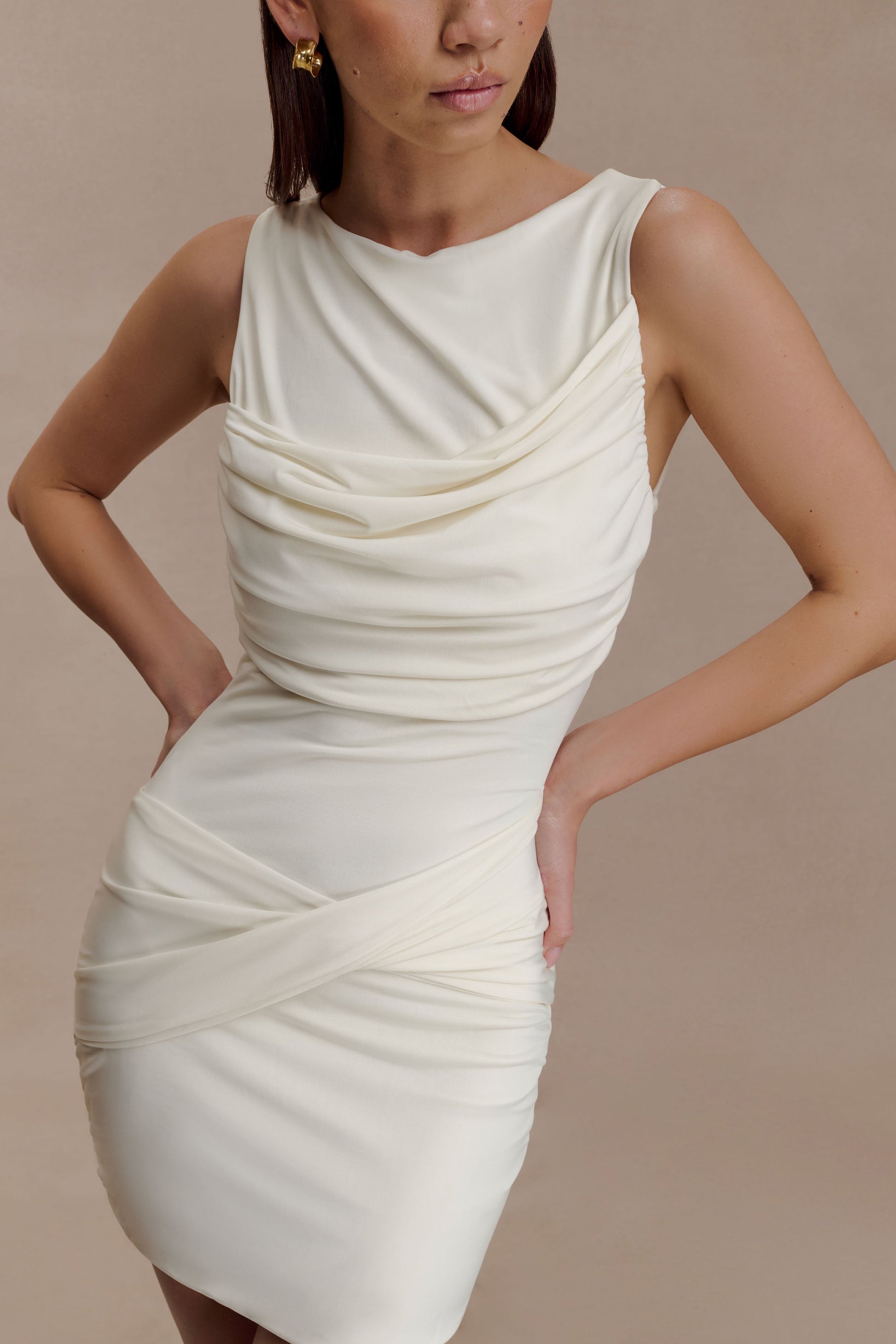 Henley Slinky Drape Mini Dress / Ivory | MESHKI | 3XL Henley Slinky Drape Mini Dress / Ivory | MESHKI | 3XL
