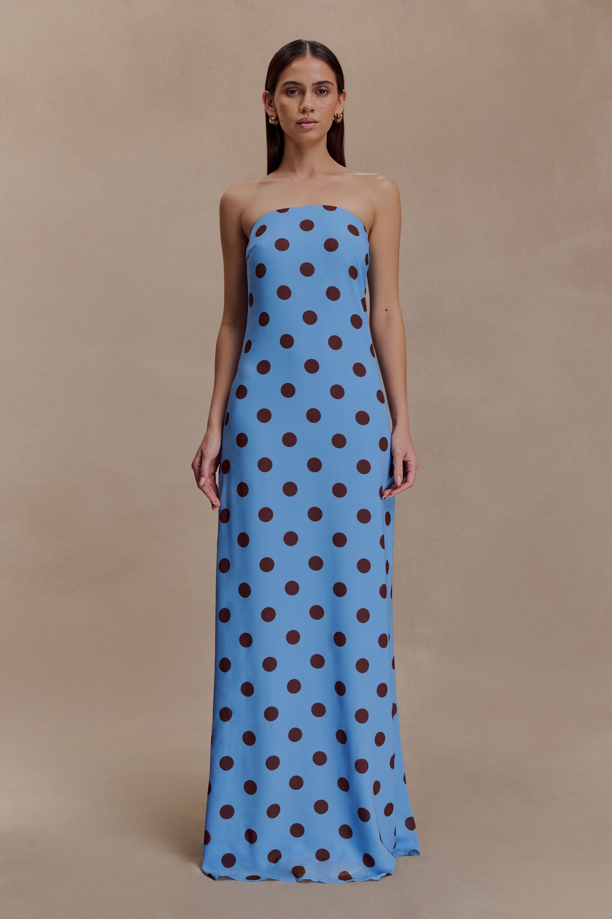 Amaya Strapless Chiffon Maxi Dress / Blue Polka Dot | MESHKI