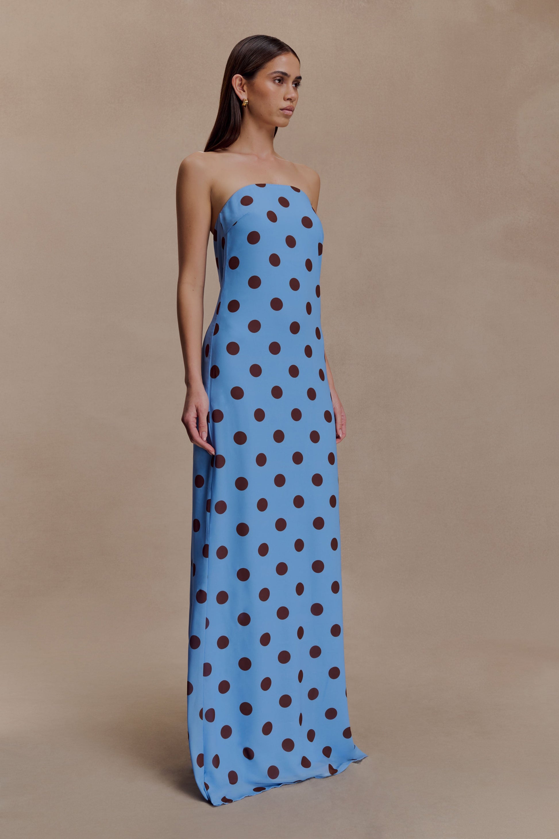 Amaya Strapless Chiffon Maxi Dress / Blue Polka Dot | MESHKI