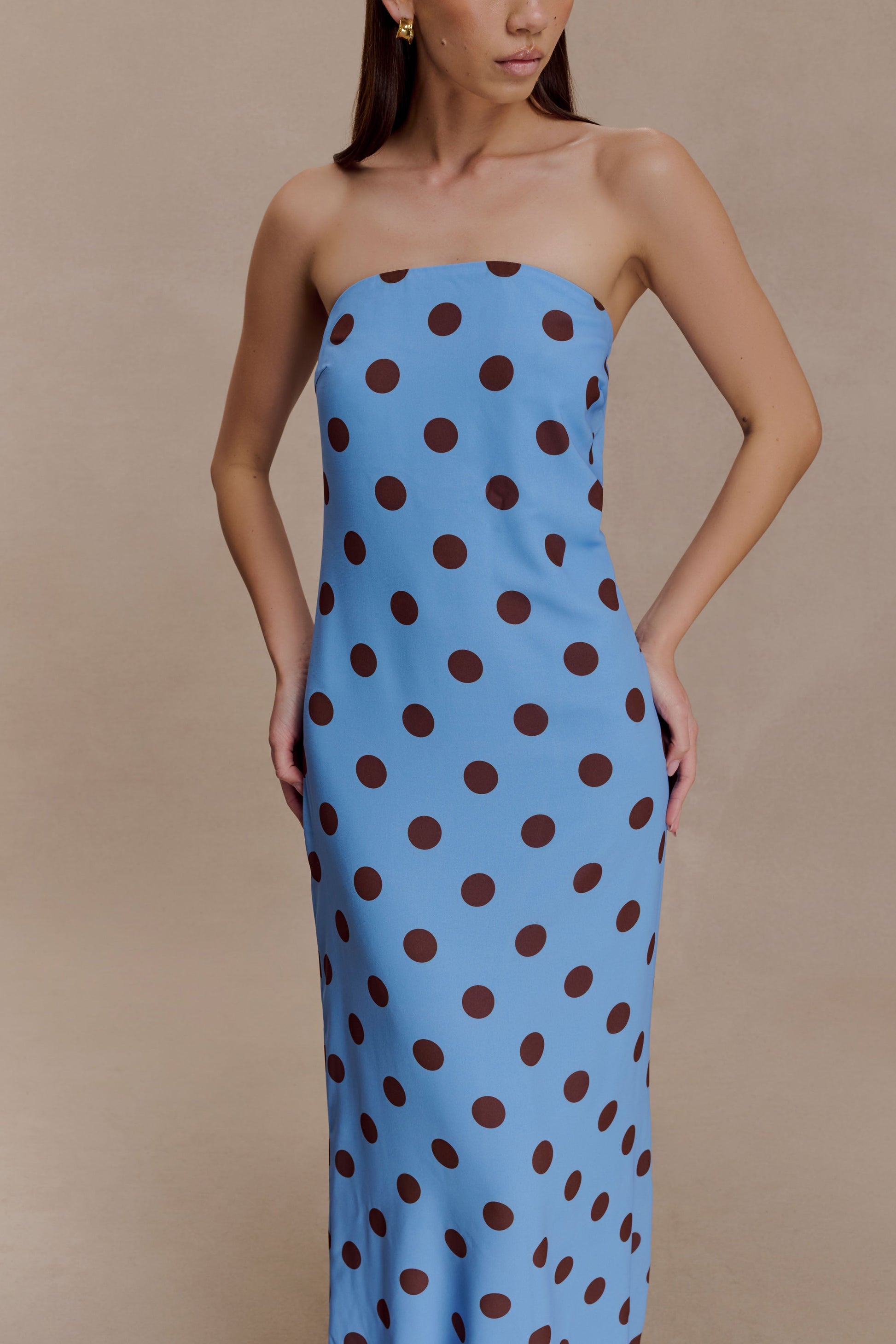 blue strapless cocktail dress Amaya Strapless Chiffon Maxi Dress - Blue Polka Dot