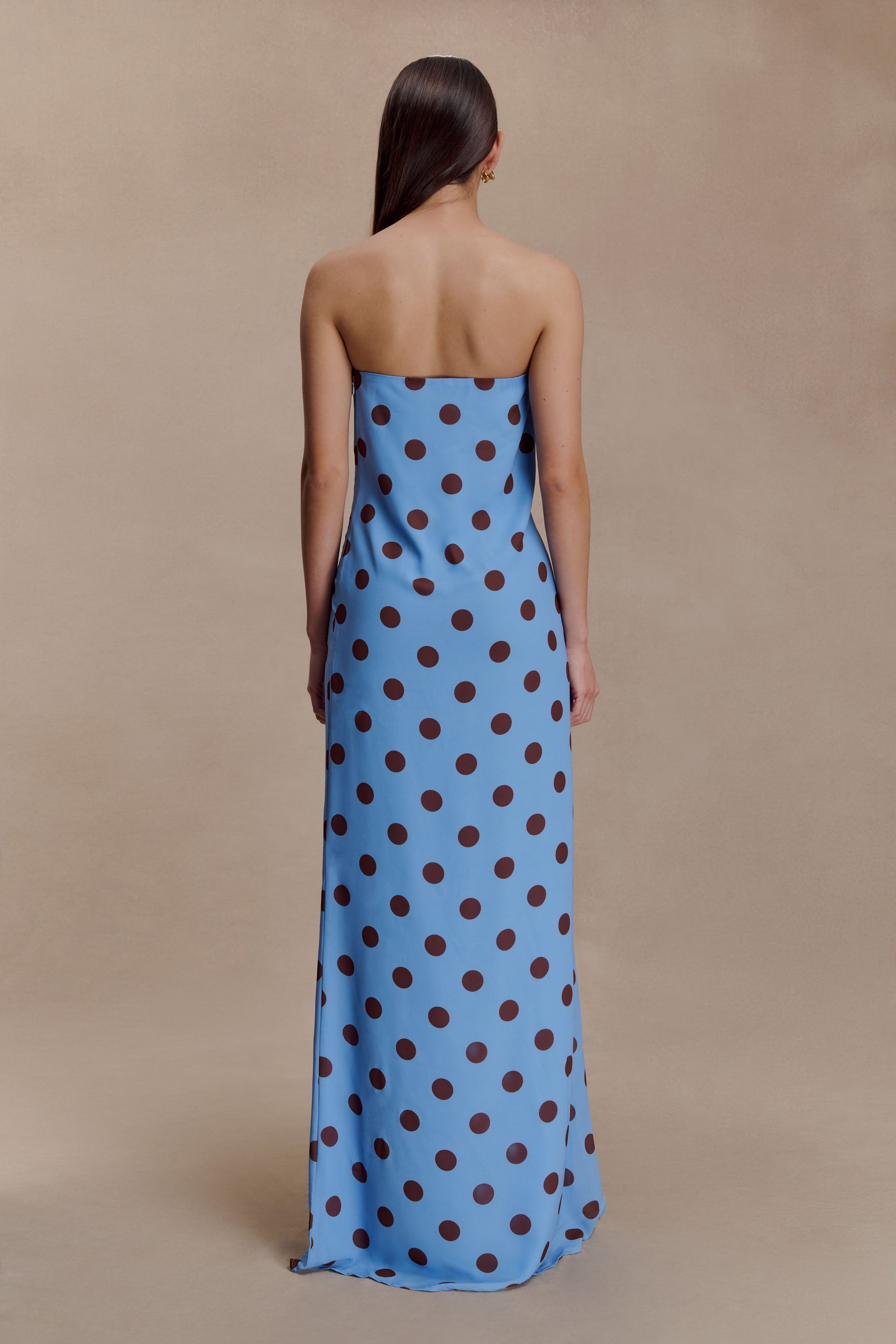 Amaya Strapless Chiffon Maxi Dress / Blue Polka Dot | MESHKI