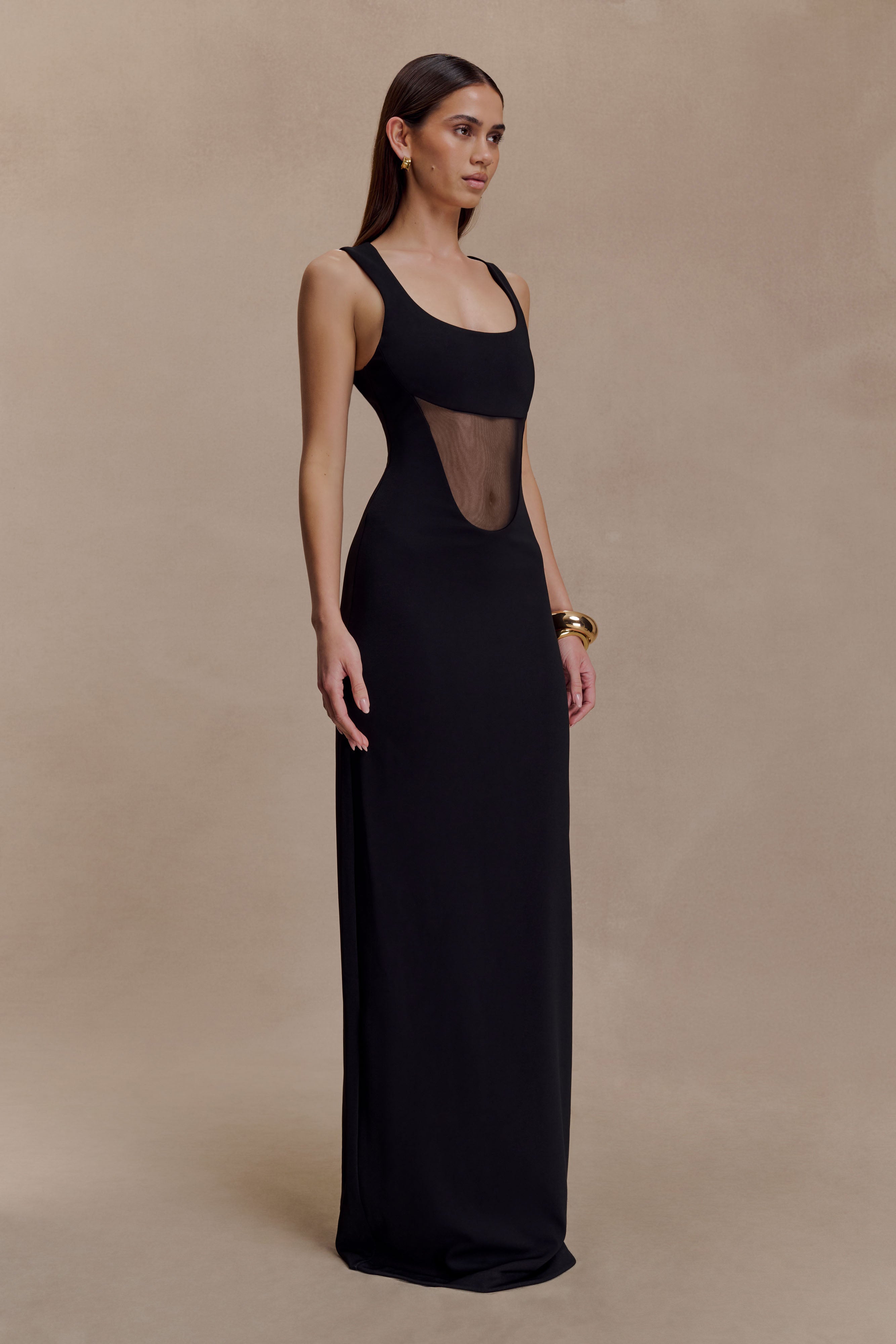 Marlon Crepe And Mesh Maxi Dress - Black | MESHKI US