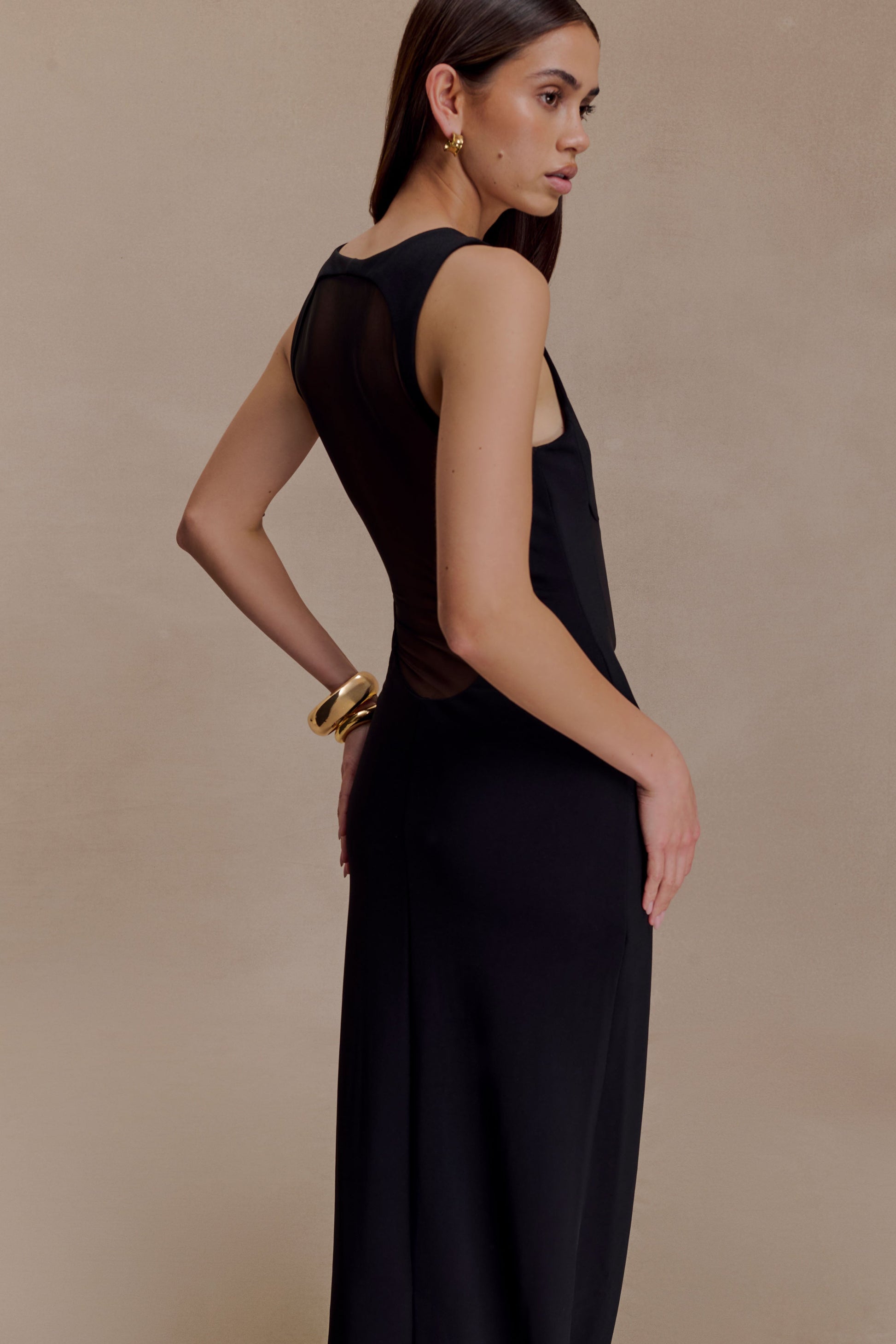 Marlon Crepe And Mesh Maxi Dress - Black | MESHKI US Marlon Crepe And Mesh Maxi Dress - Black | MESHKI US