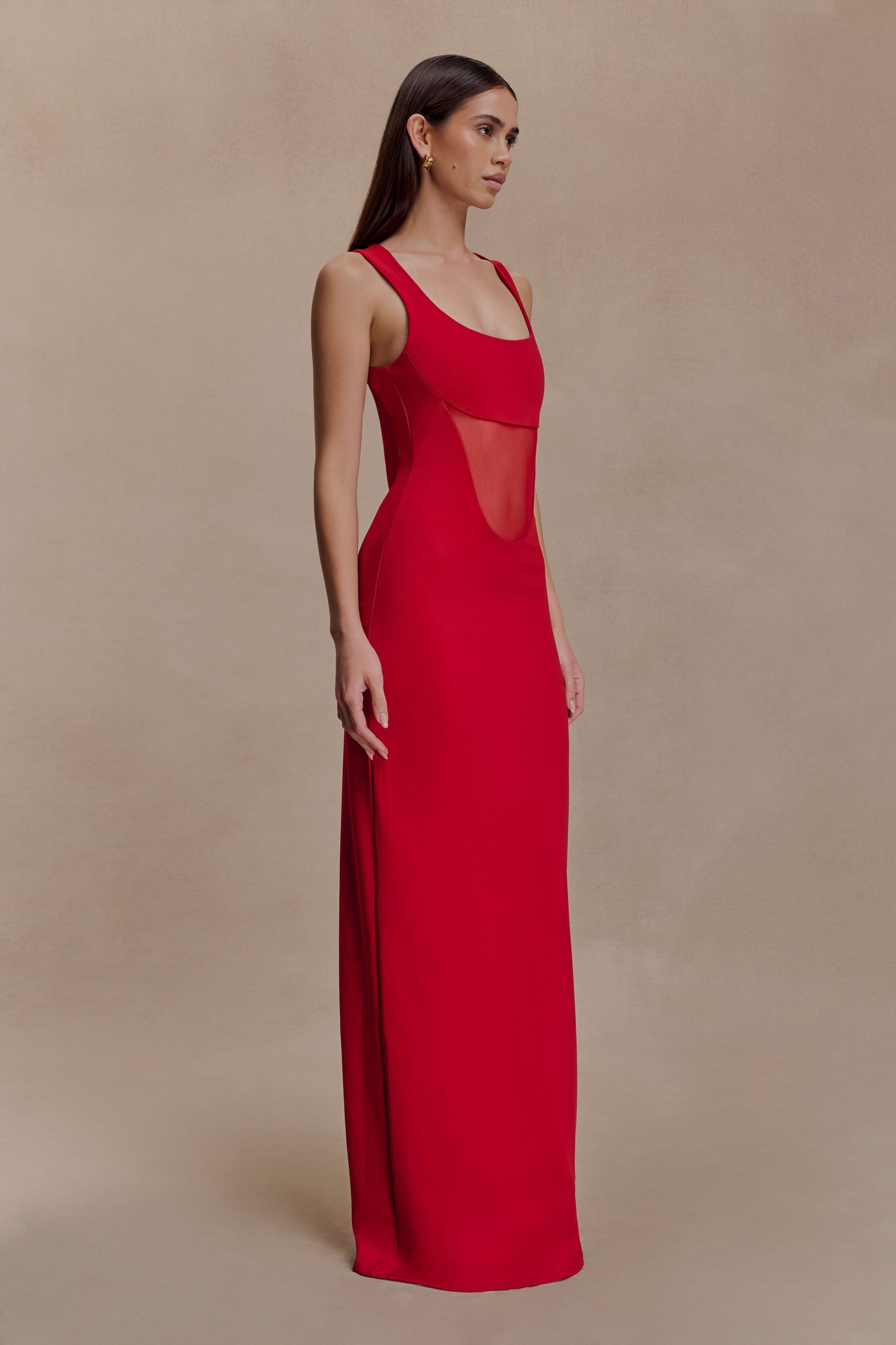 Marlon Crepe And Mesh Maxi Dress / Cherry Red | MESHKI