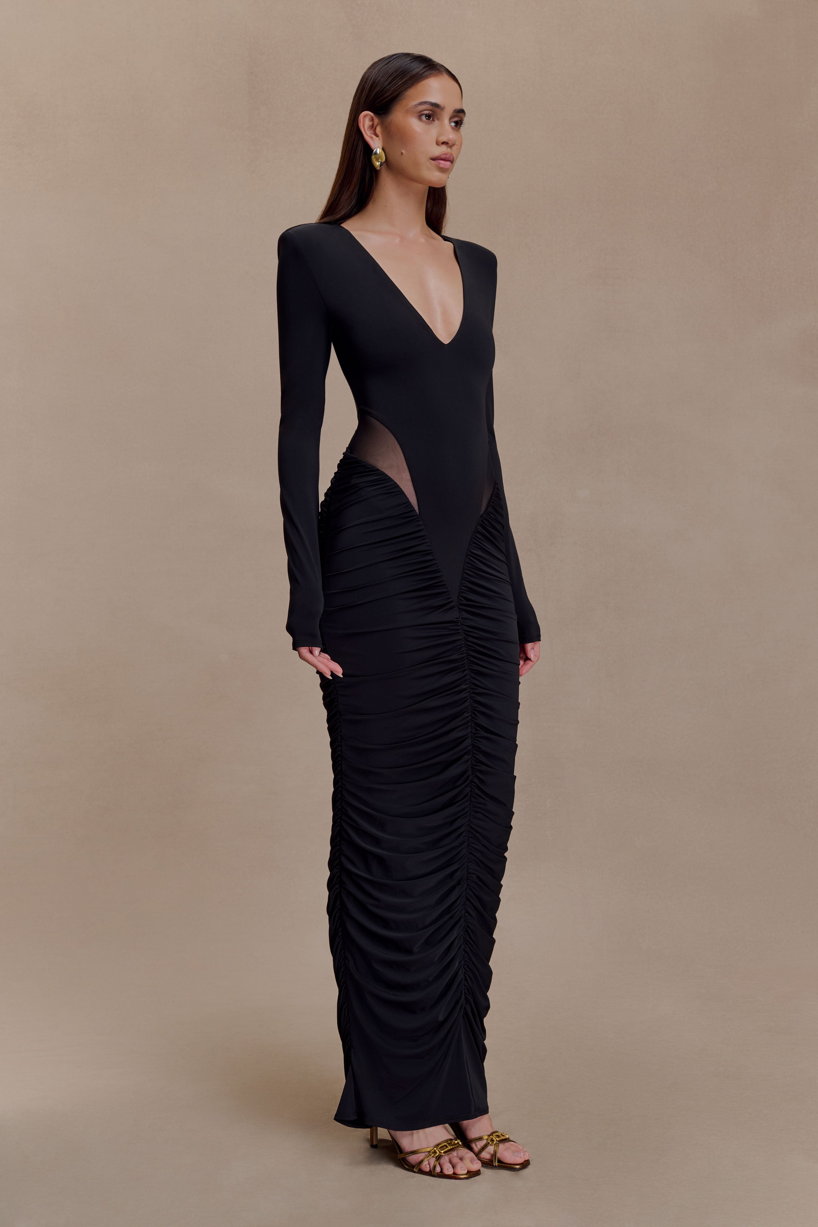 Louanne Slinky Long Sleeve Maxi Dress - Black | MESHKI US
