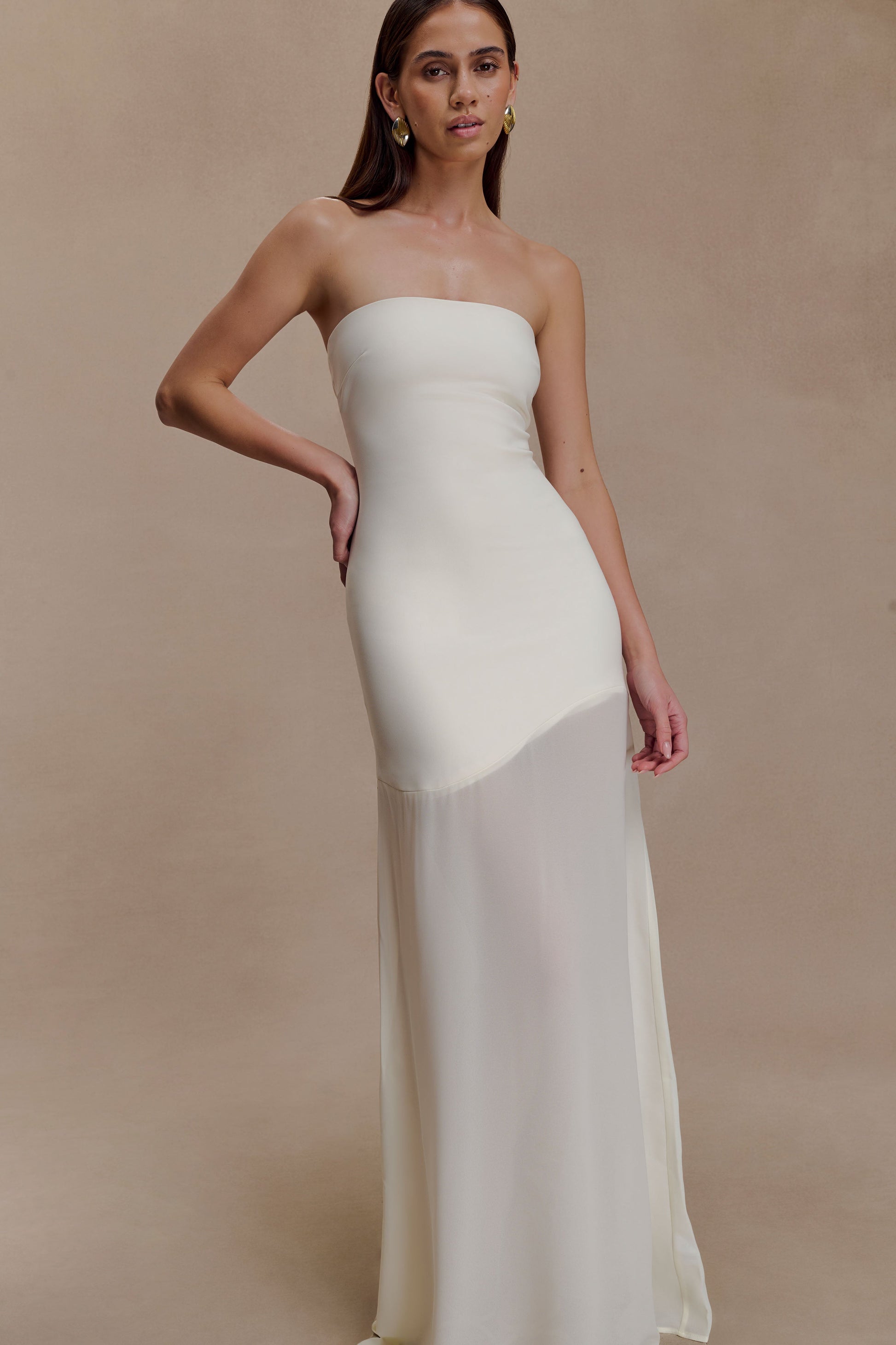 Mason Crepe And Chiffon Maxi Dress / Ivory | MESHKI | XS Mason Crepe And Chiffon Maxi Dress / Ivory | MESHKI | XS