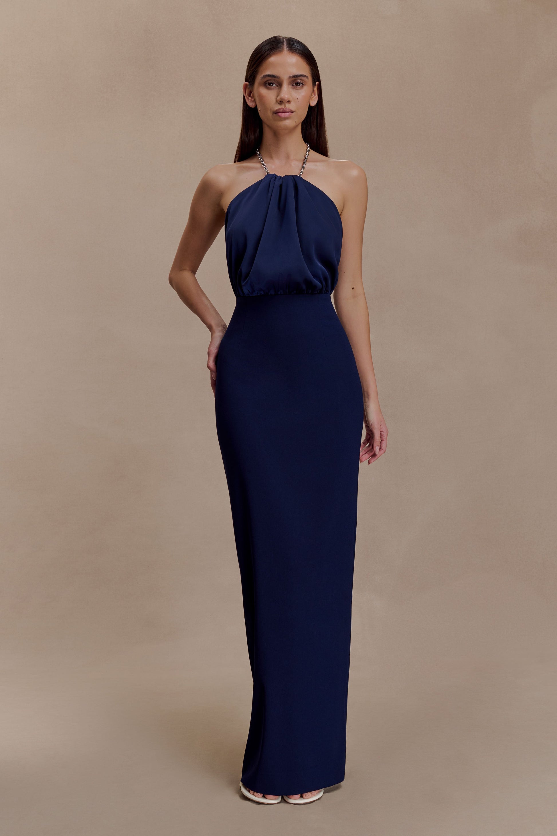 Elina Satin Necklace Maxi Dress - Navy