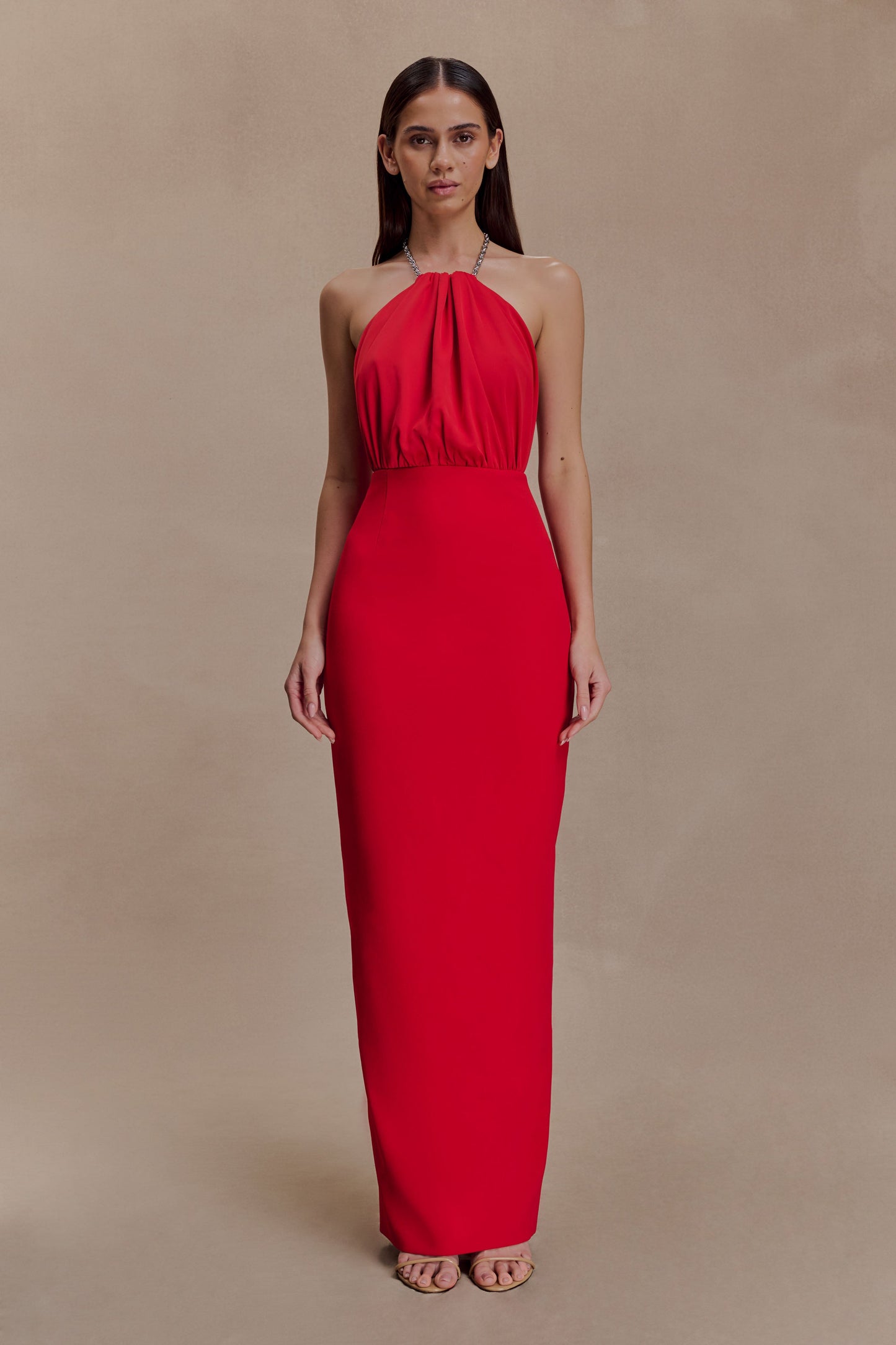 Elina Satin Necklace Maxi Dress - Red