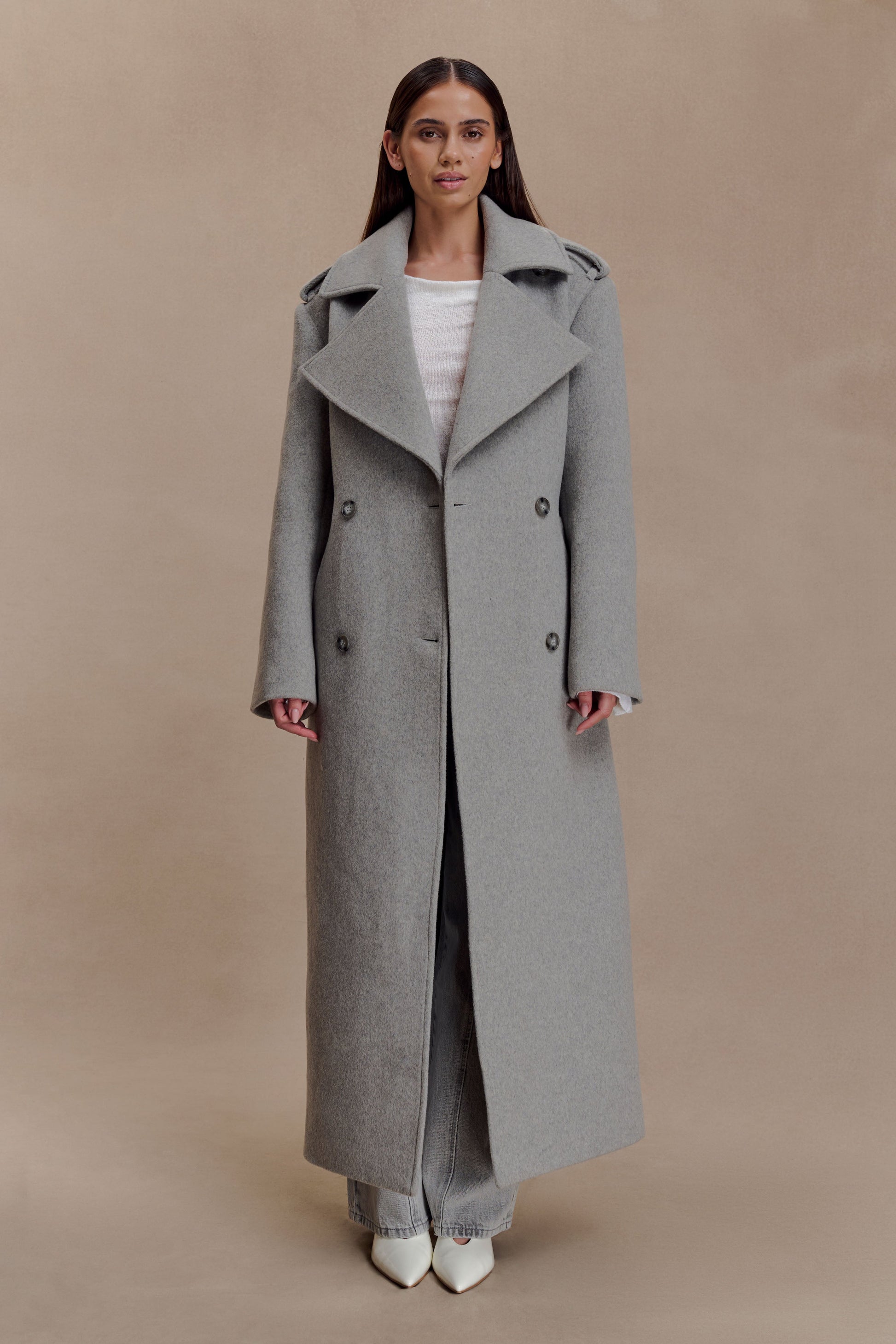 Levi Long Trench Wool Coat / Grey Marle | MESHKI | XXS Levi Long Trench Wool Coat / Grey Marle | MESHKI | XXS