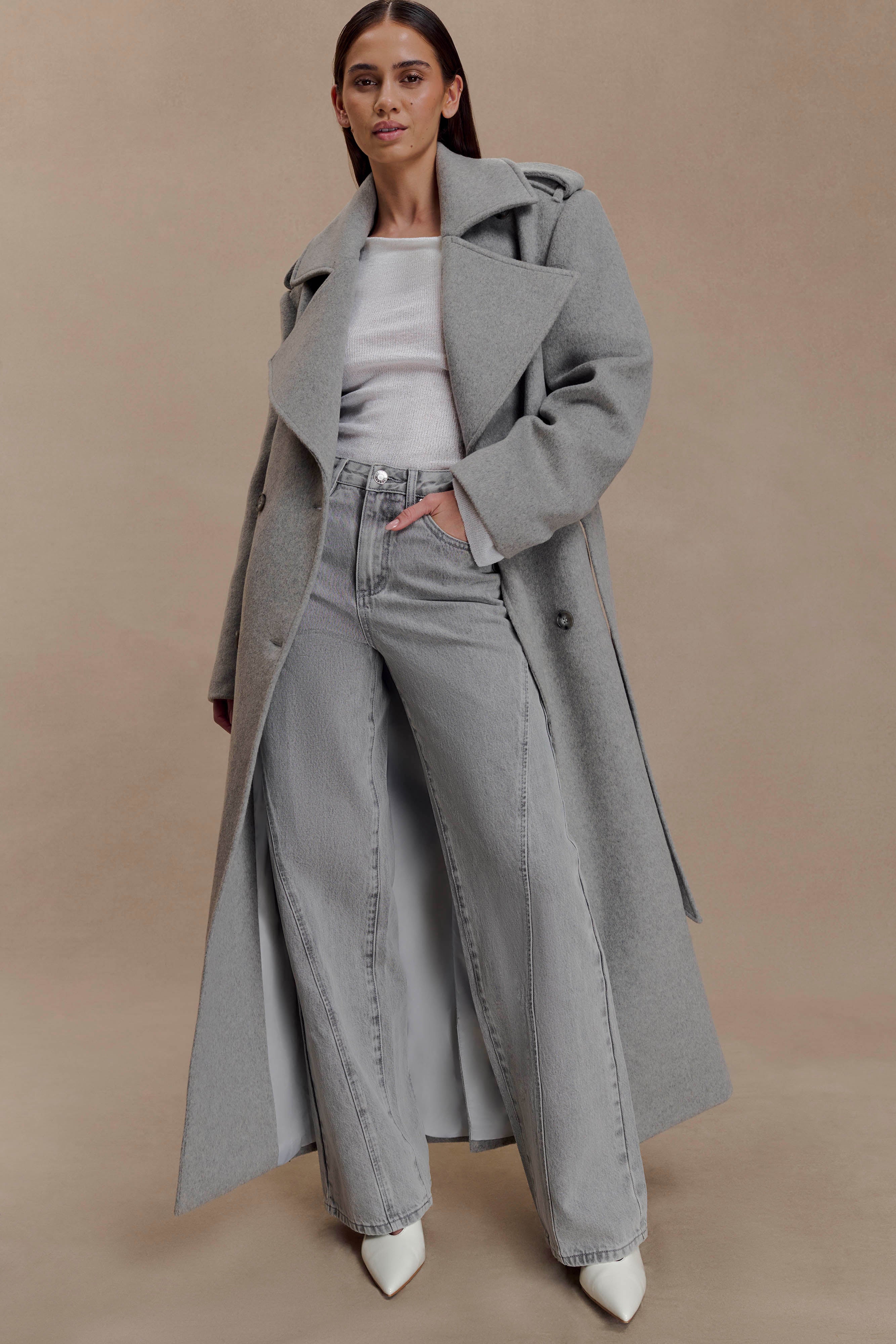 Levi Long Trench Wool Coat - Grey Marle | MESHKI US