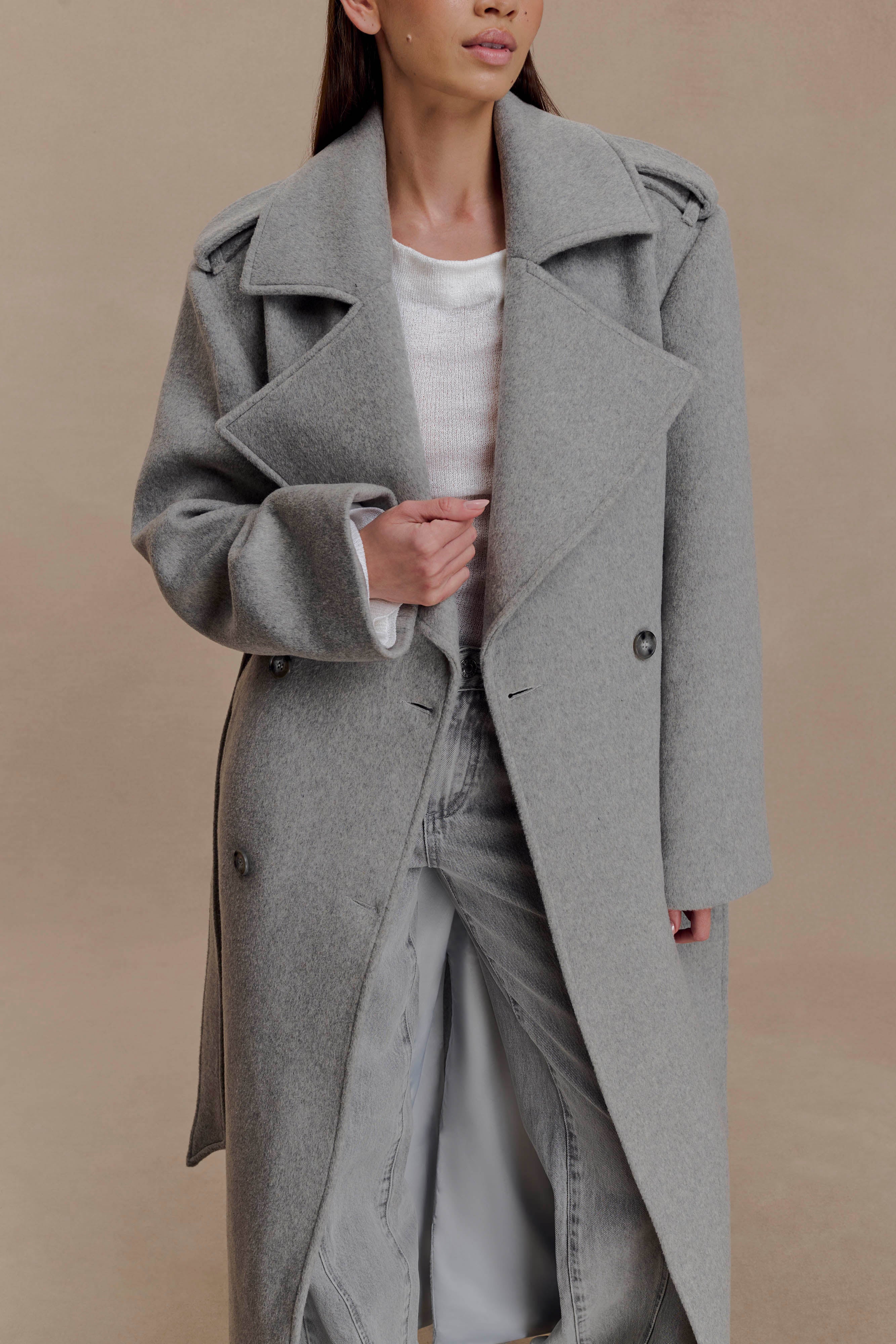 Levi Long Trench Wool Coat - Grey Marle | MESHKI US