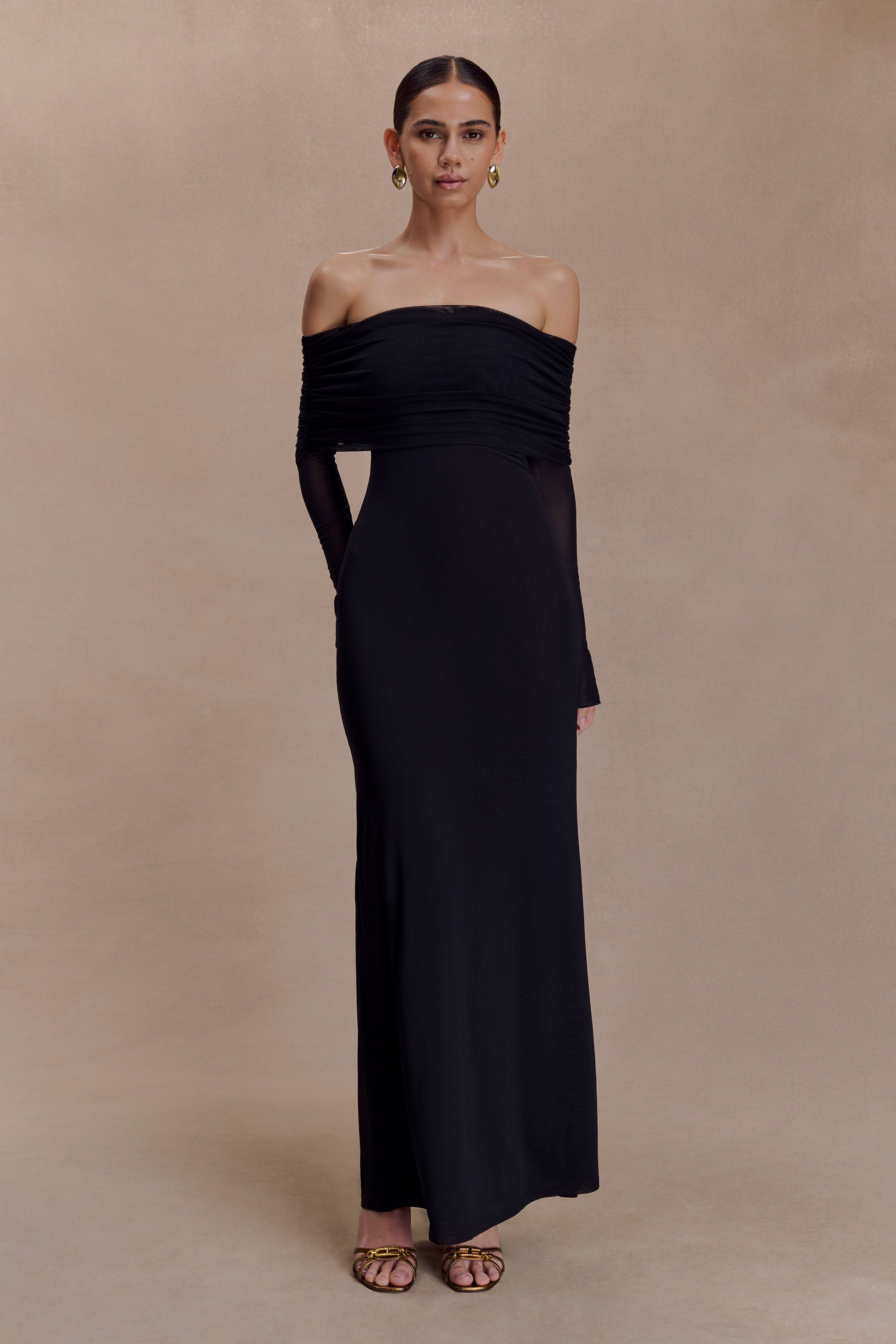 Josie Off Shoulder Mesh Maxi Dress - Black | MESHKI US Josie Off Shoulder Mesh Maxi Dress - Black | MESHKI US