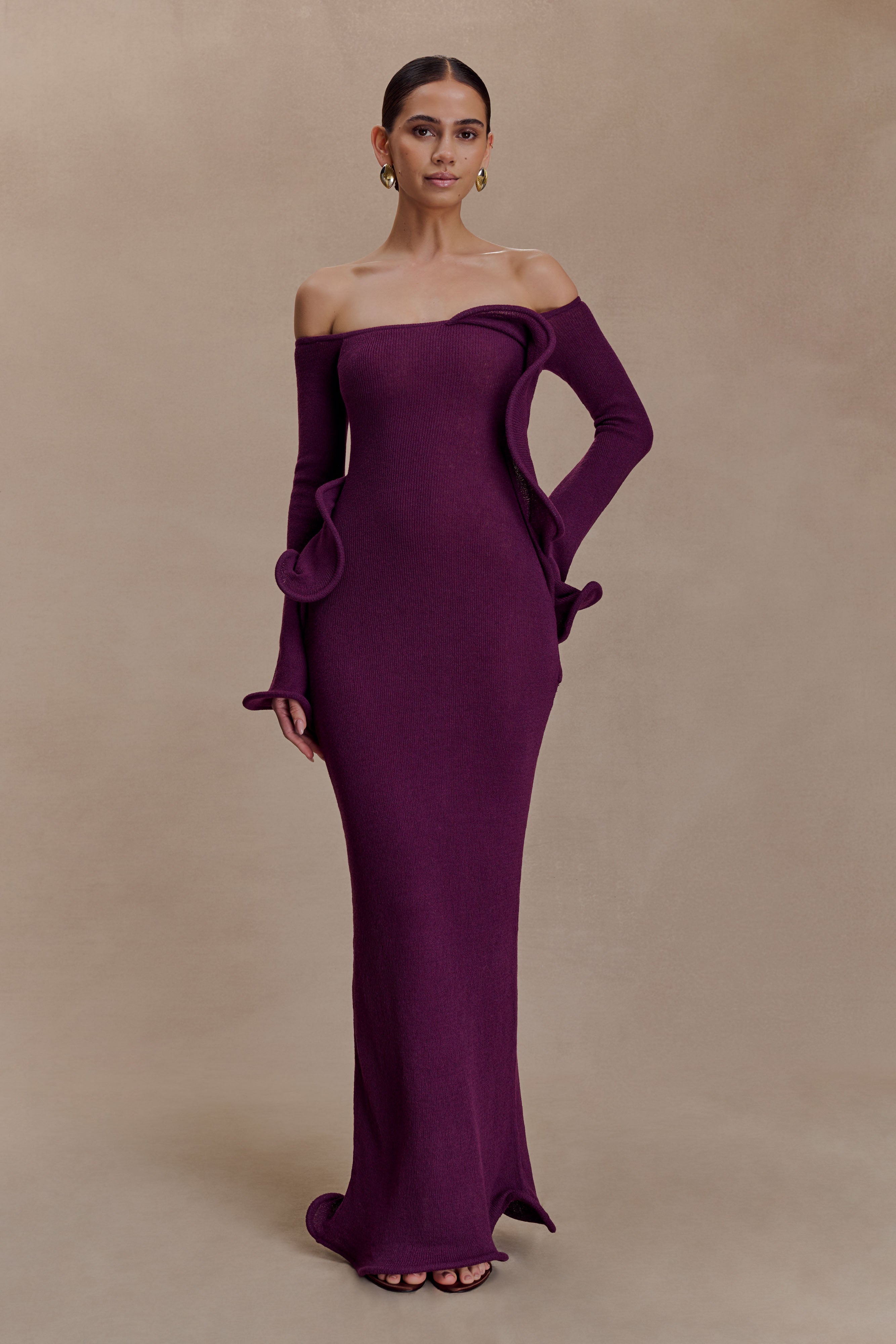 Sandrine Off Shoulder Knit Maxi Dress - Plum | MESHKI US