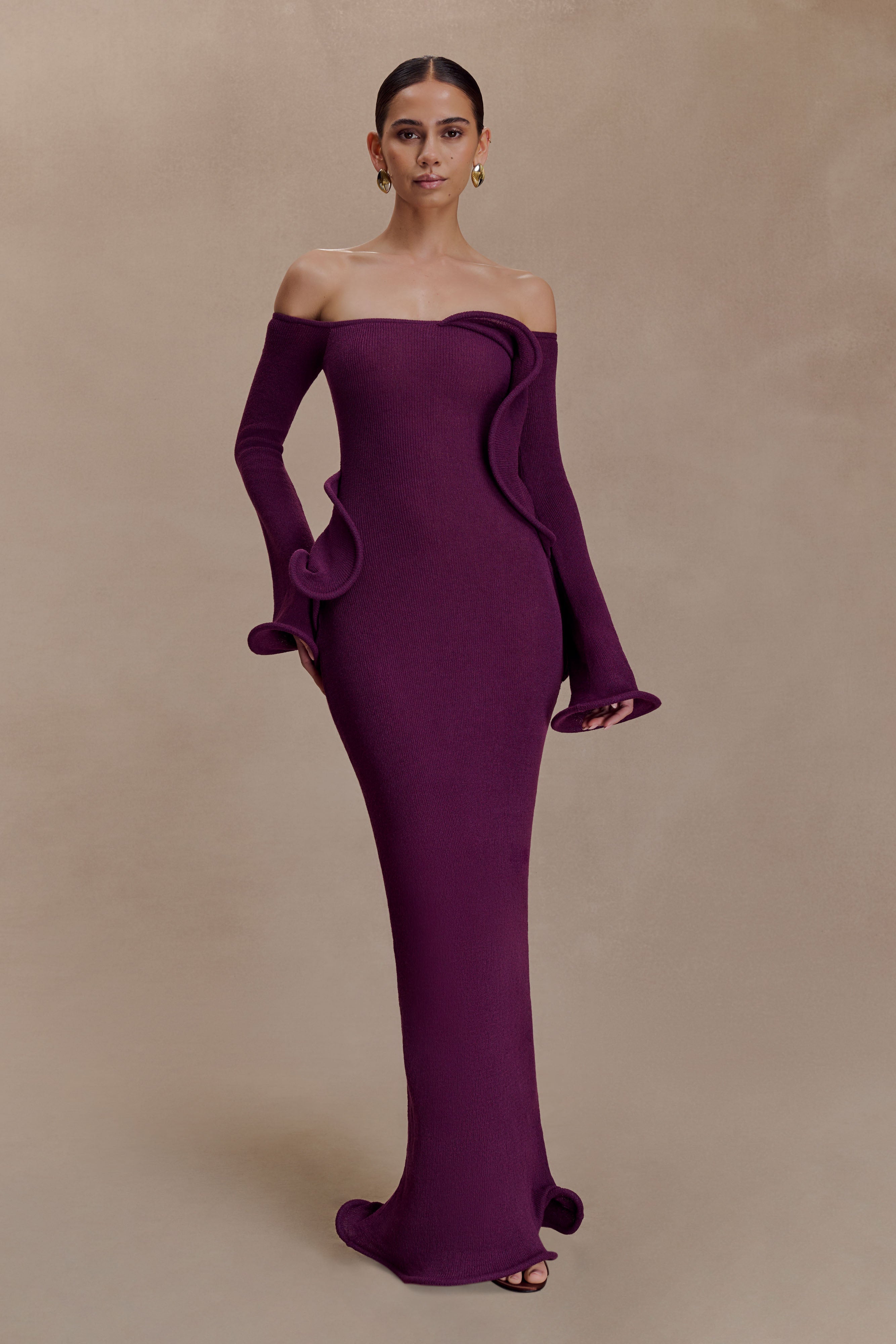 Sandrine Off Shoulder Knit Maxi Dress - Plum | MESHKI US