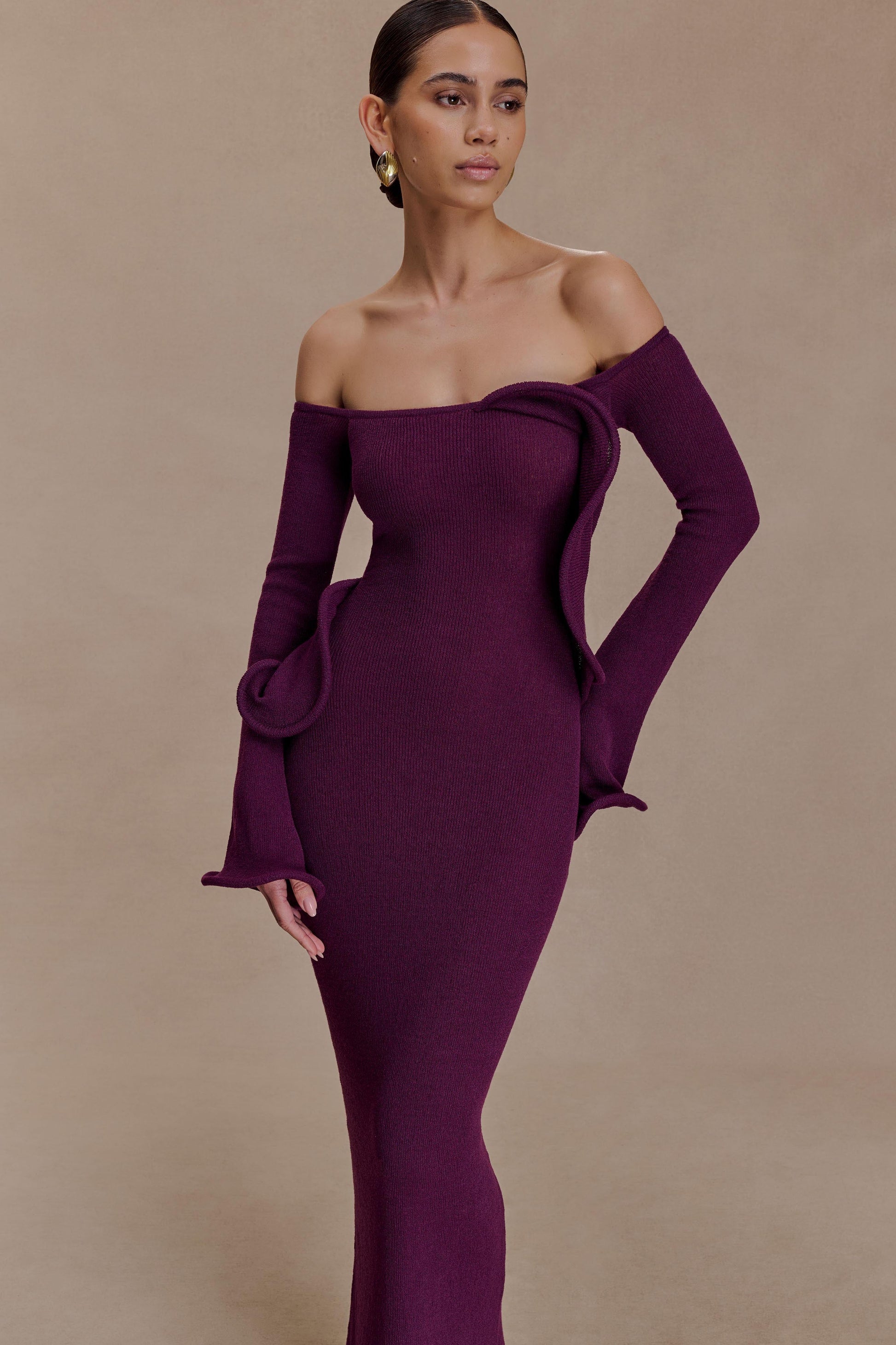 Sandrine Off Shoulder Knit Maxi Dress / Plum | MESHKI | XS Sandrine Off Shoulder Knit Maxi Dress / Plum | MESHKI | XS