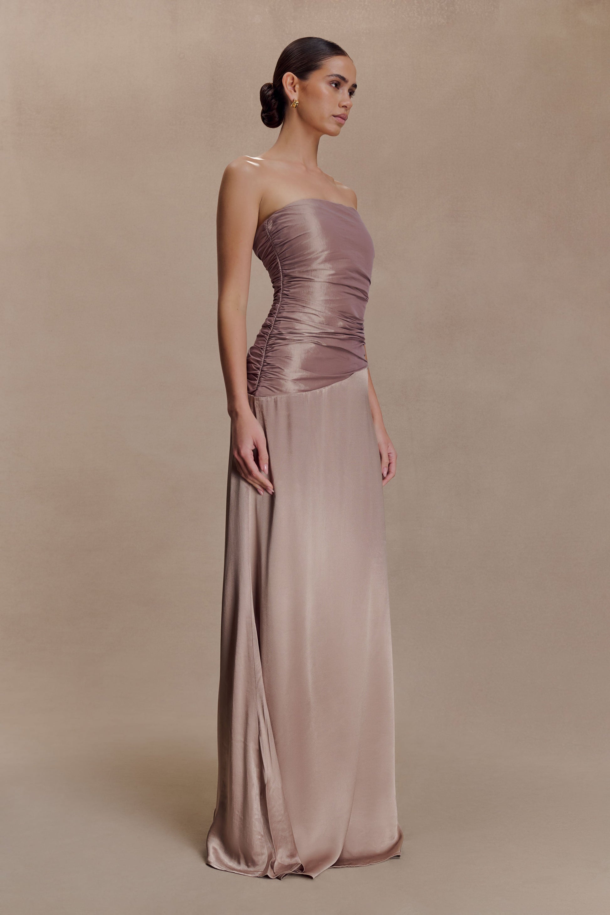 Serena Strapless Taffeta Maxi Dress - Bronze Taupe | MESHKI US Serena Strapless Taffeta Maxi Dress - Bronze Taupe | MESHKI US