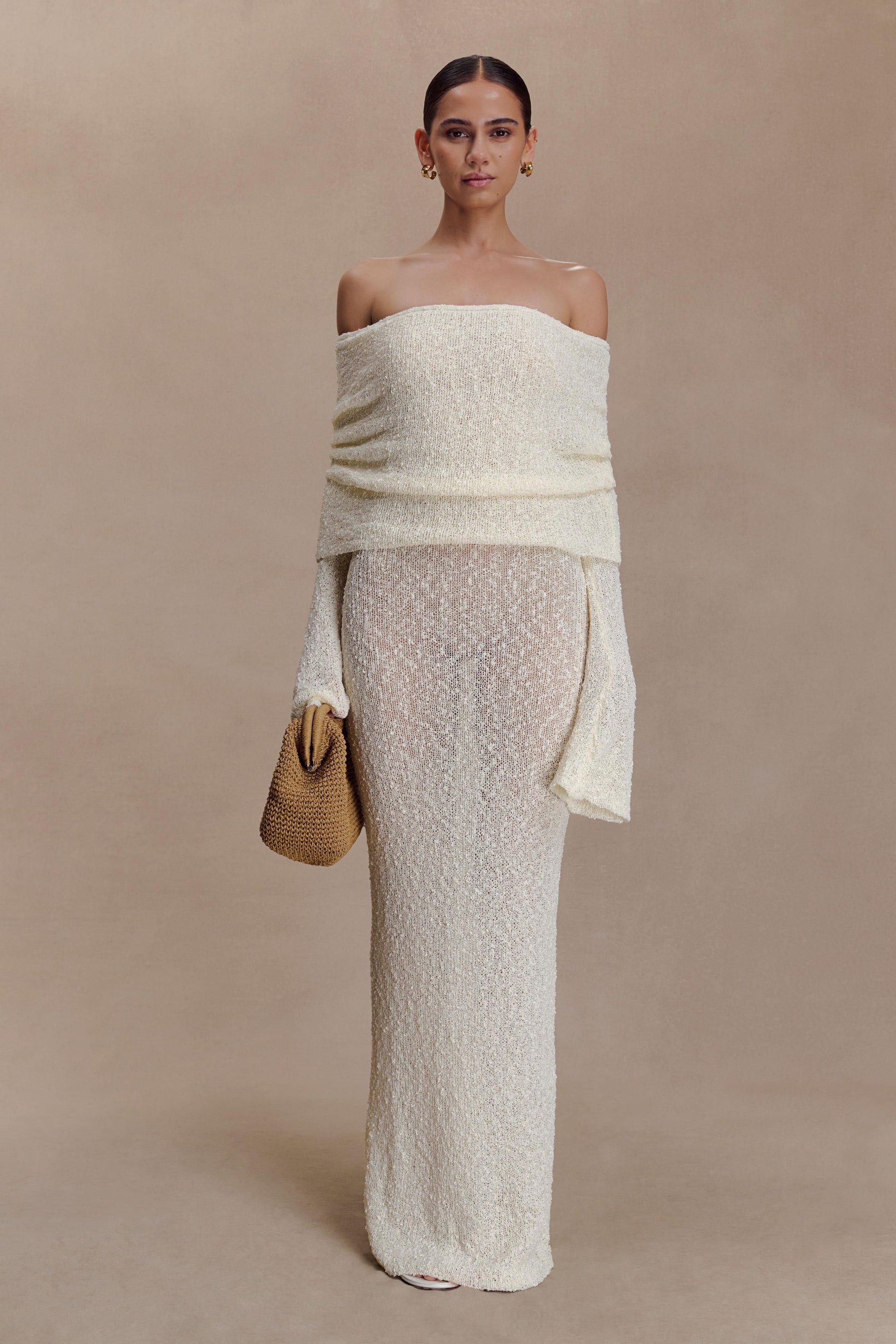 Marisol Off Shoulder Boucle Maxi Dress - Ivory | MESHKI US Marisol Off Shoulder Boucle Maxi Dress - Ivory | MESHKI US