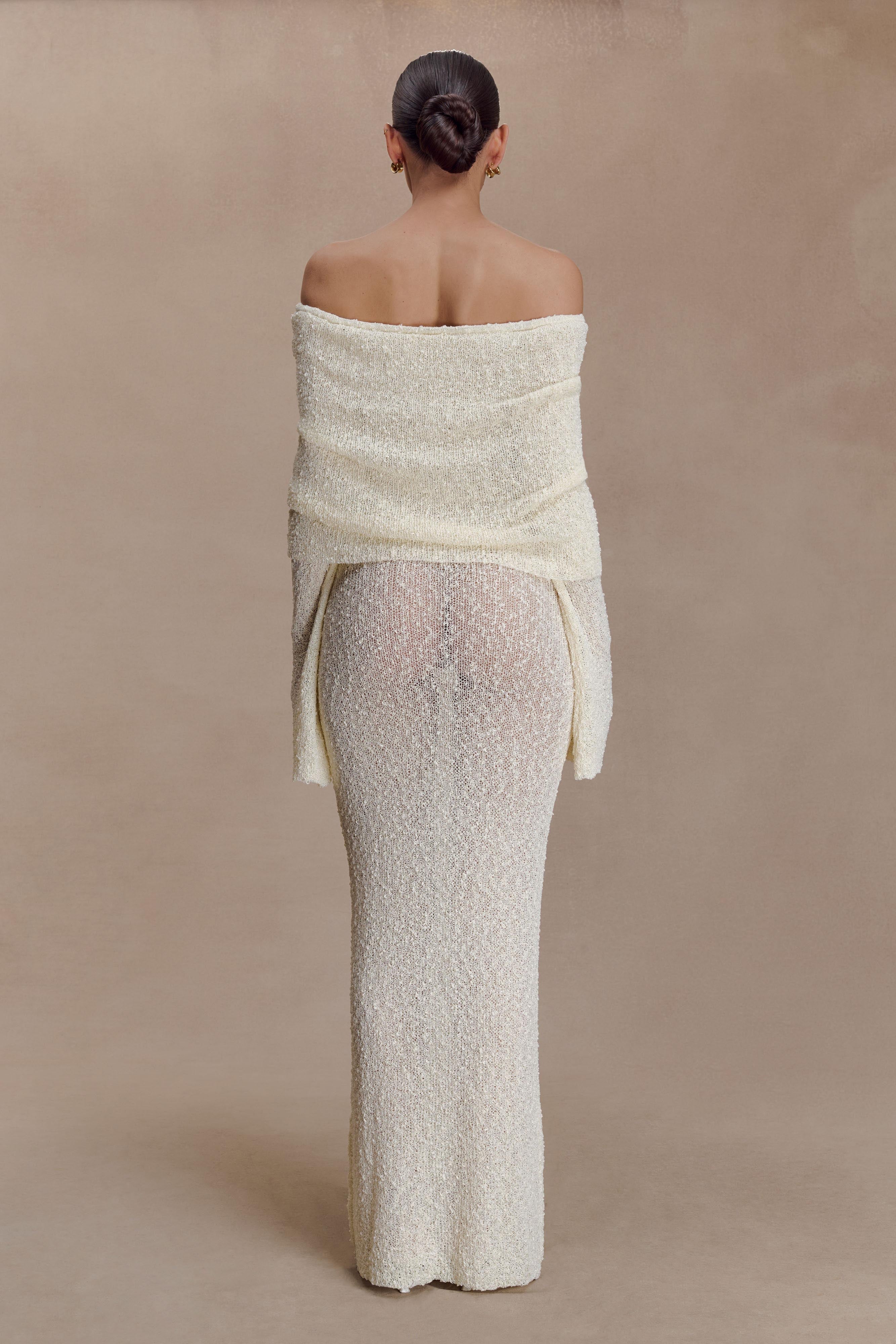 Marisol Off Shoulder Boucle Maxi Dress - Ivory | MESHKI US