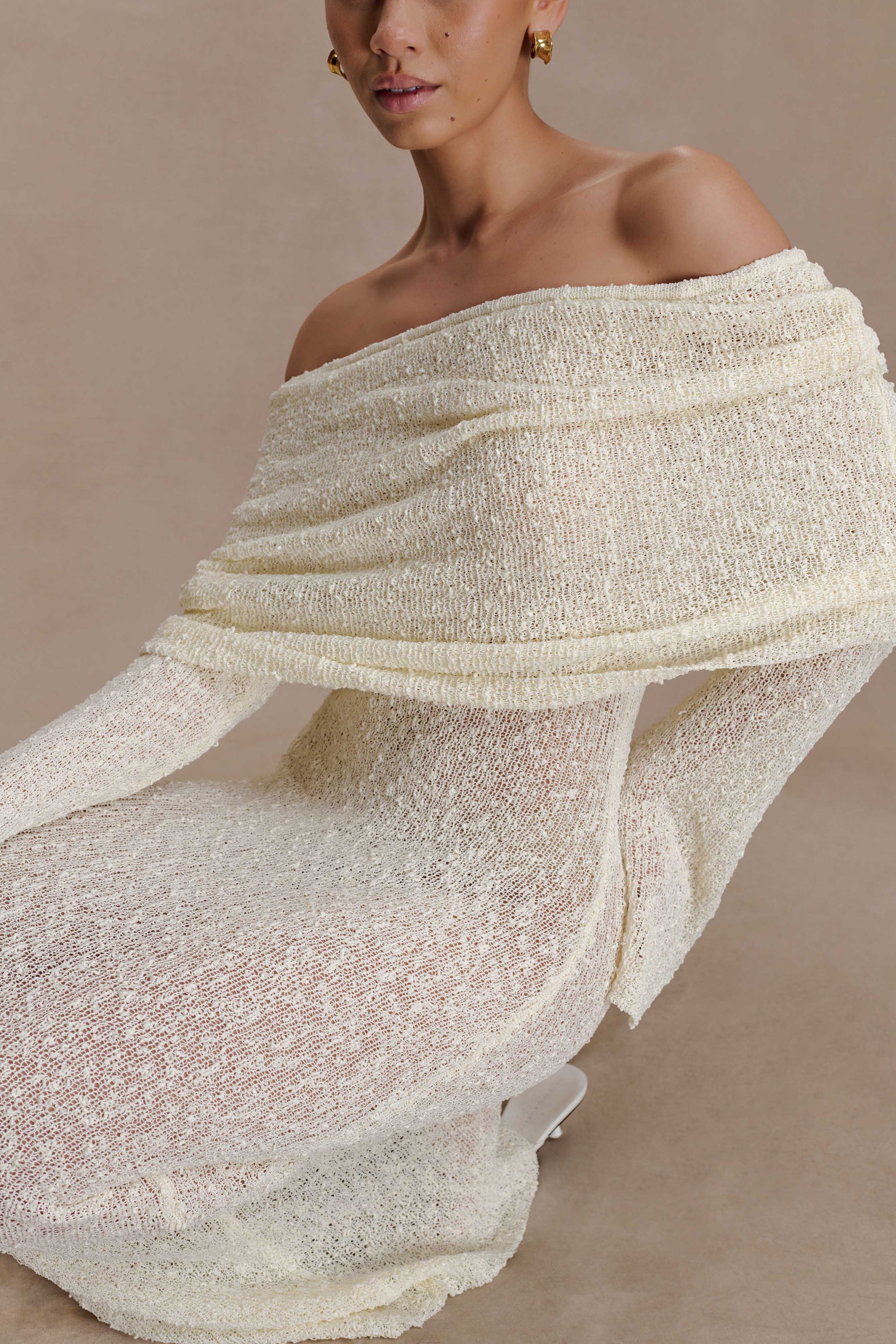 Marisol Off Shoulder Boucle Maxi Dress - Ivory | MESHKI US Marisol Off Shoulder Boucle Maxi Dress - Ivory | MESHKI US