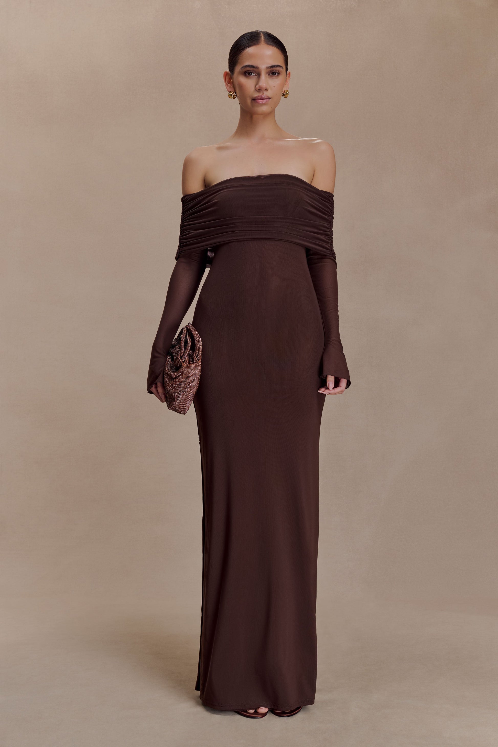 Josie Off Shoulder Mesh Maxi Dress - Dark Brown | MESHKI US Josie Off Shoulder Mesh Maxi Dress - Dark Brown | MESHKI US