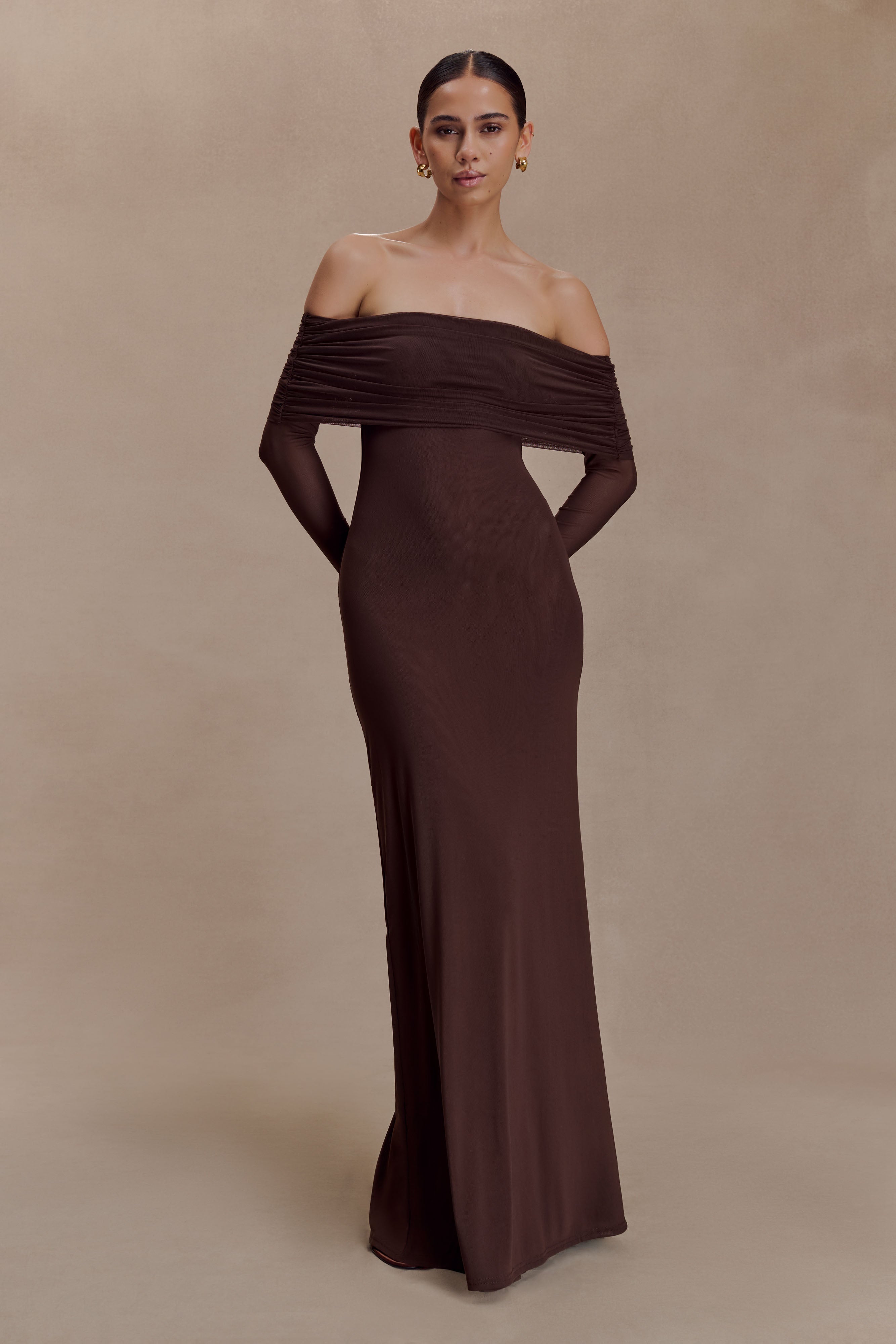 Josie Off Shoulder Mesh Maxi Dress - Dark Brown | MESHKI US