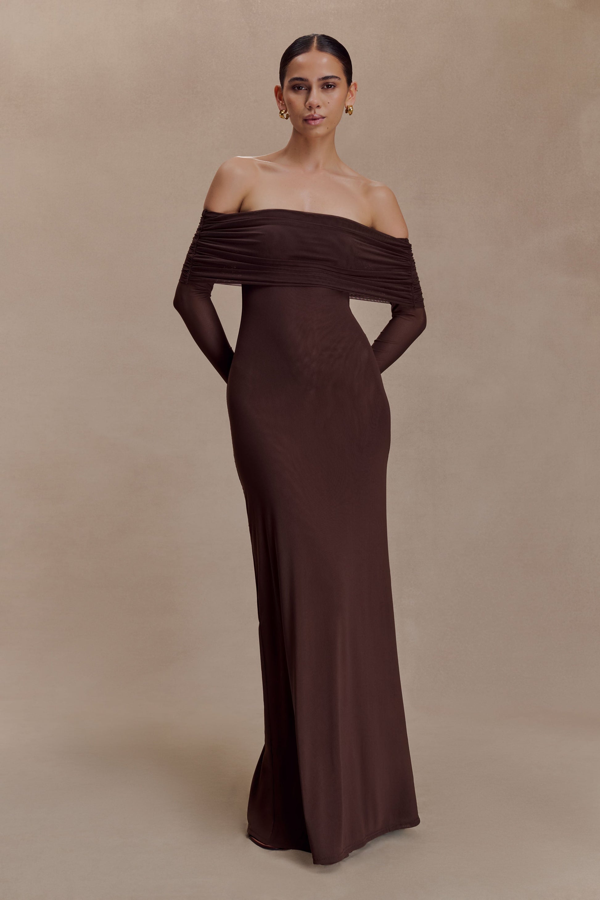 Josie Off Shoulder Mesh Maxi Dress - Dark Brown | MESHKI US Josie Off Shoulder Mesh Maxi Dress - Dark Brown | MESHKI US