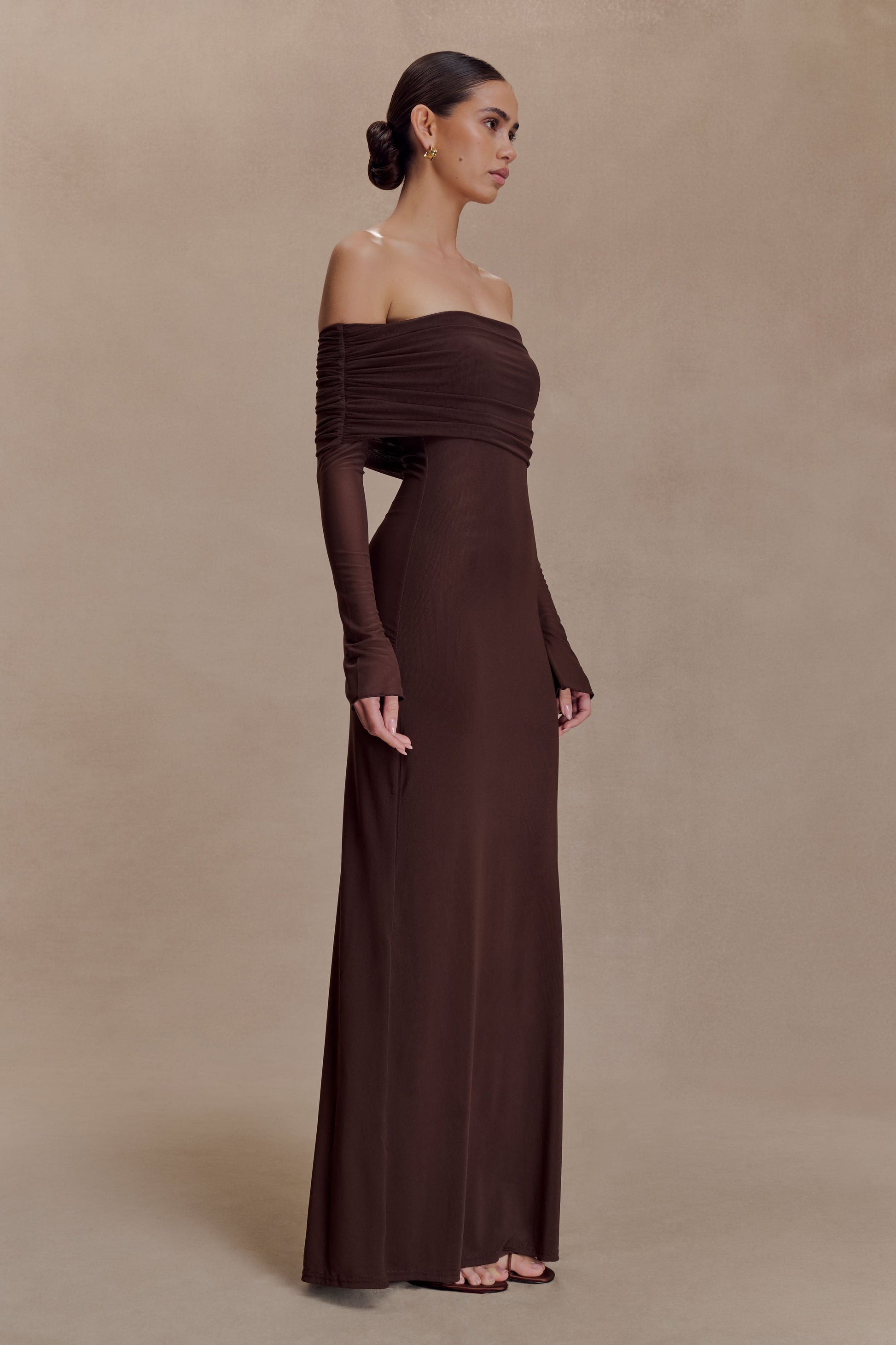 Josie Off Shoulder Mesh Maxi Dress - Dark Brown | MESHKI US Josie Off Shoulder Mesh Maxi Dress - Dark Brown | MESHKI US