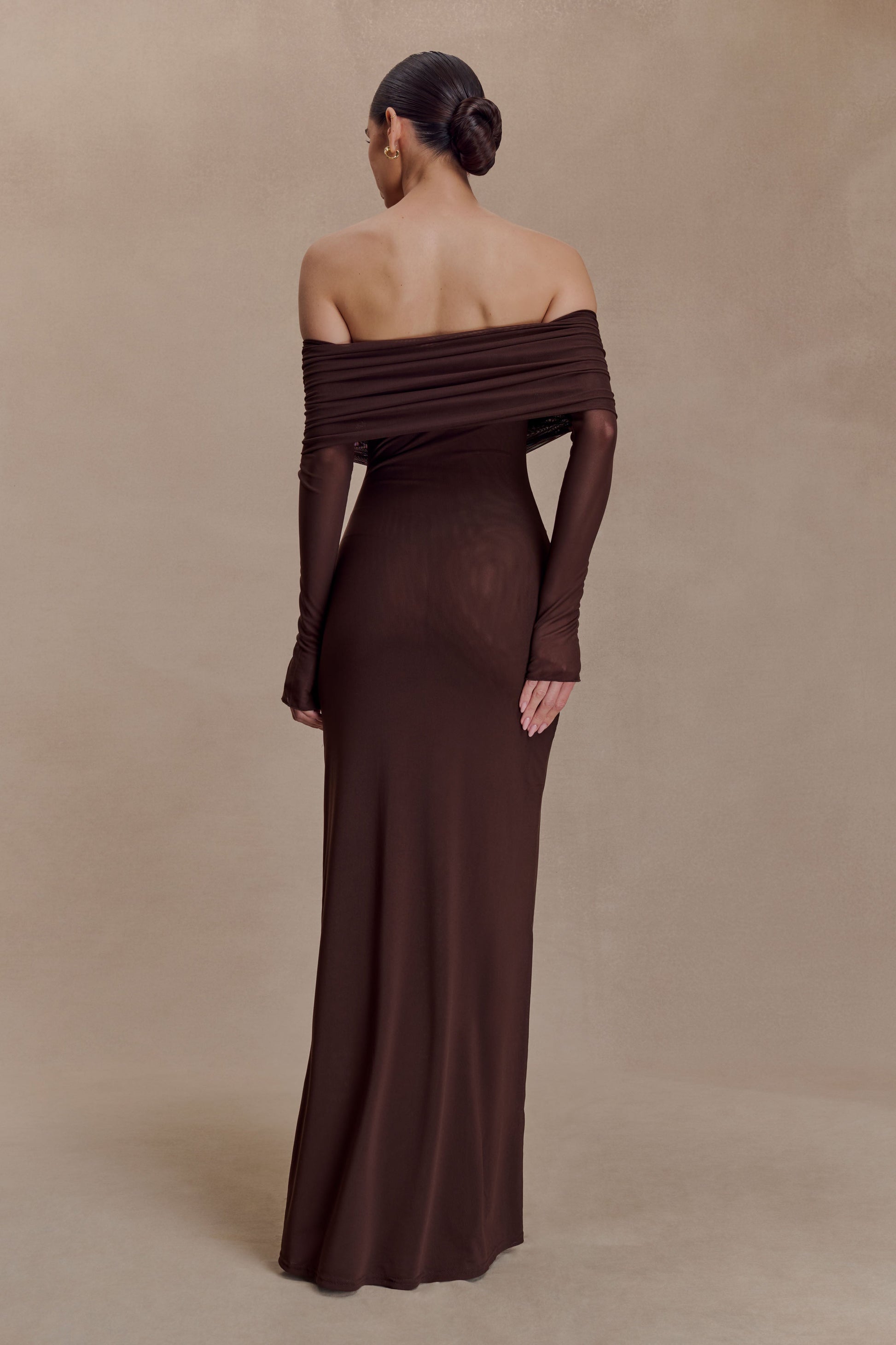 Josie Off Shoulder Mesh Maxi Dress - Dark Brown | MESHKI US Josie Off Shoulder Mesh Maxi Dress - Dark Brown | MESHKI US