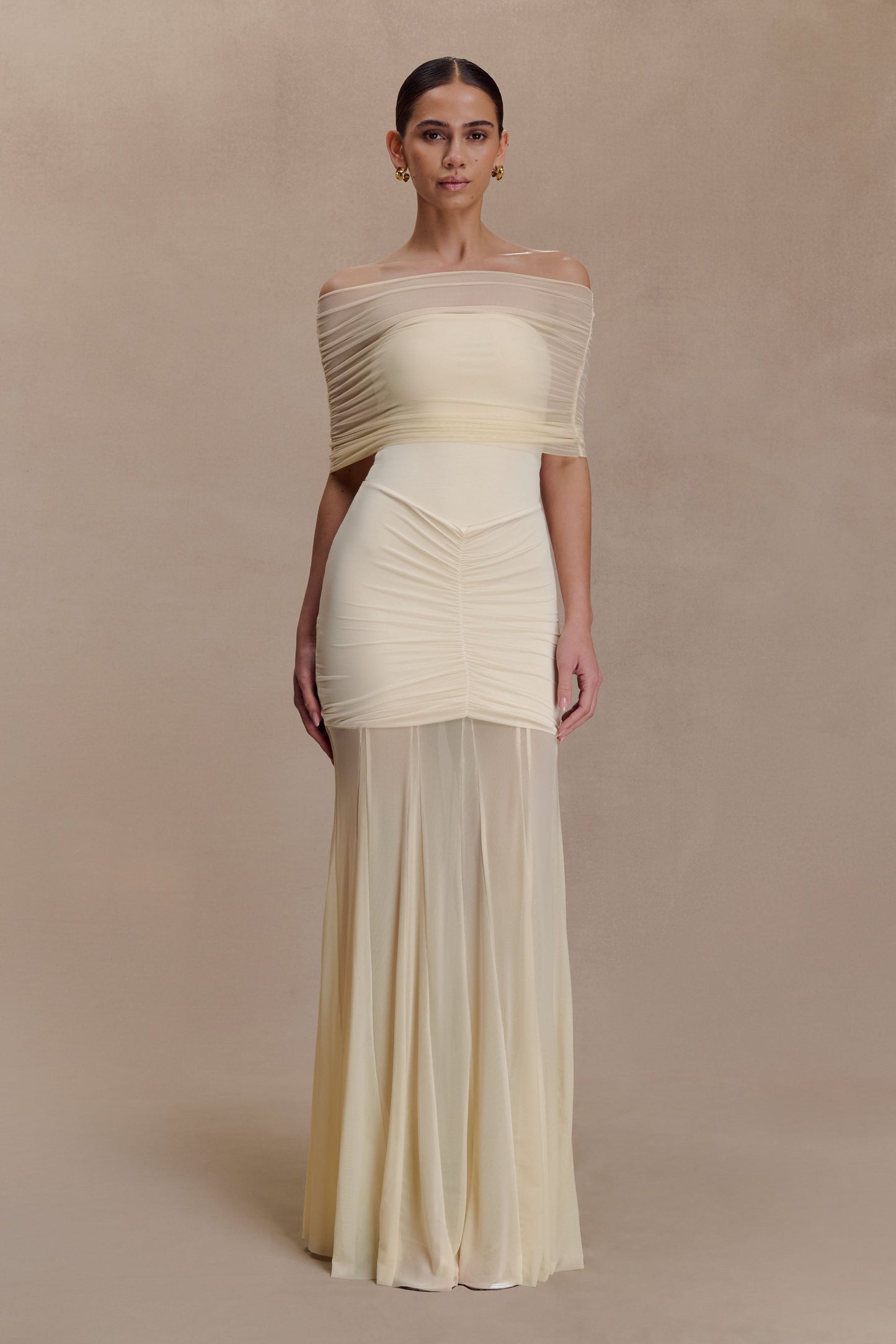 Caspian Slinky And Mesh Off Shoulder Maxi Dress - Ivory