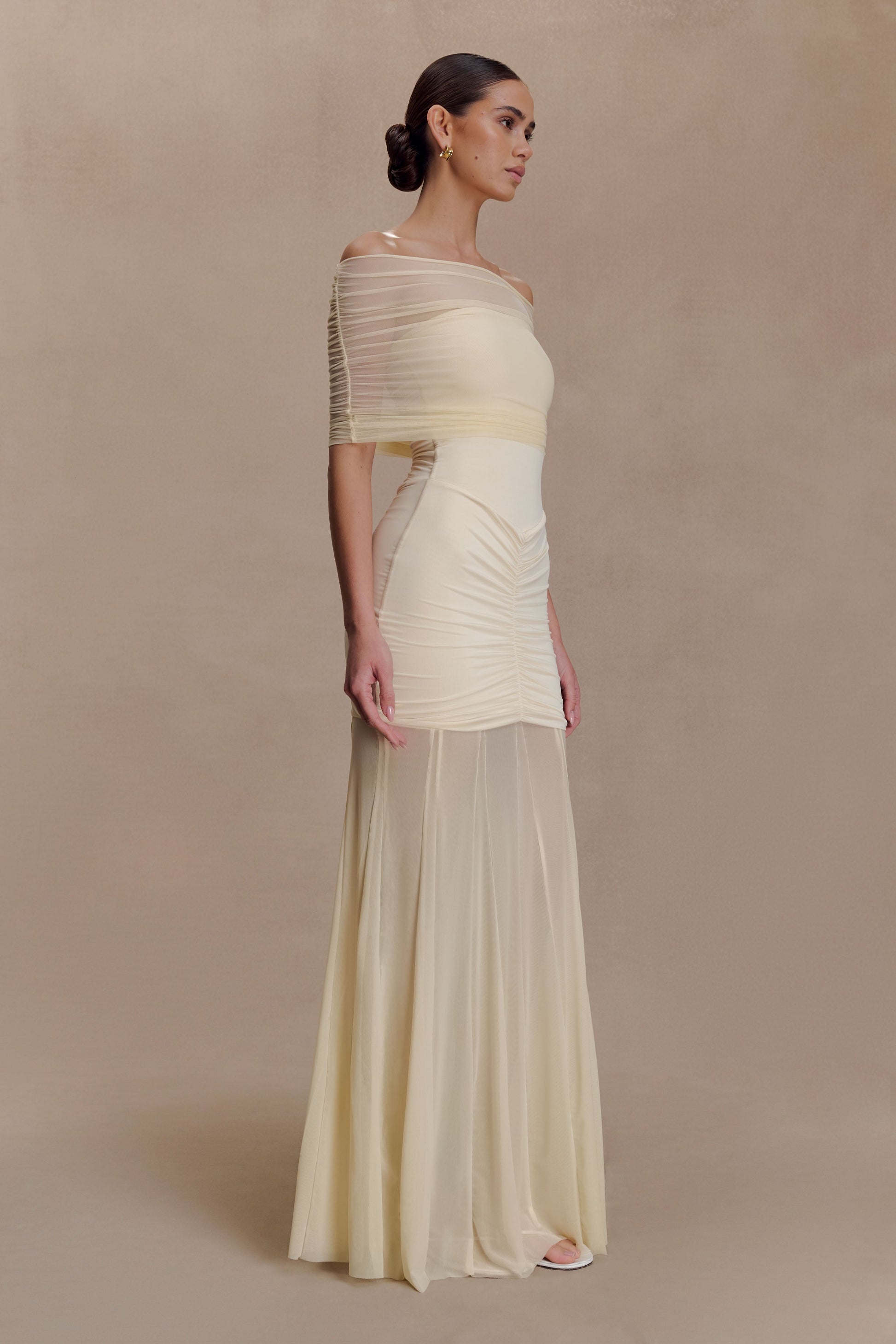 Caspian Slinky And Mesh Off Shoulder Maxi Dress / Ivory | MESHKI