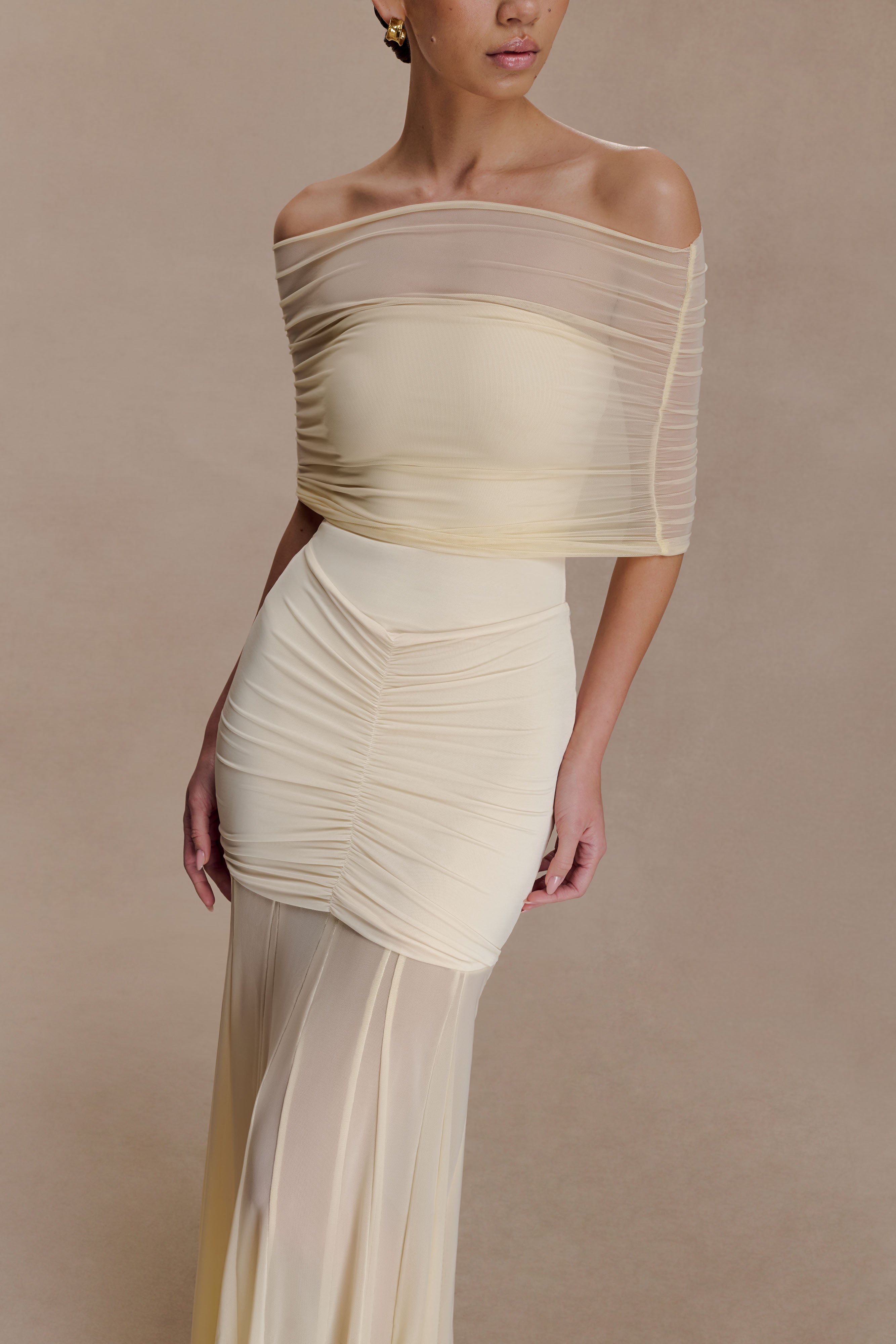 Caspian Slinky And Mesh Off Shoulder Maxi Dress - Ivory | MESHKI US