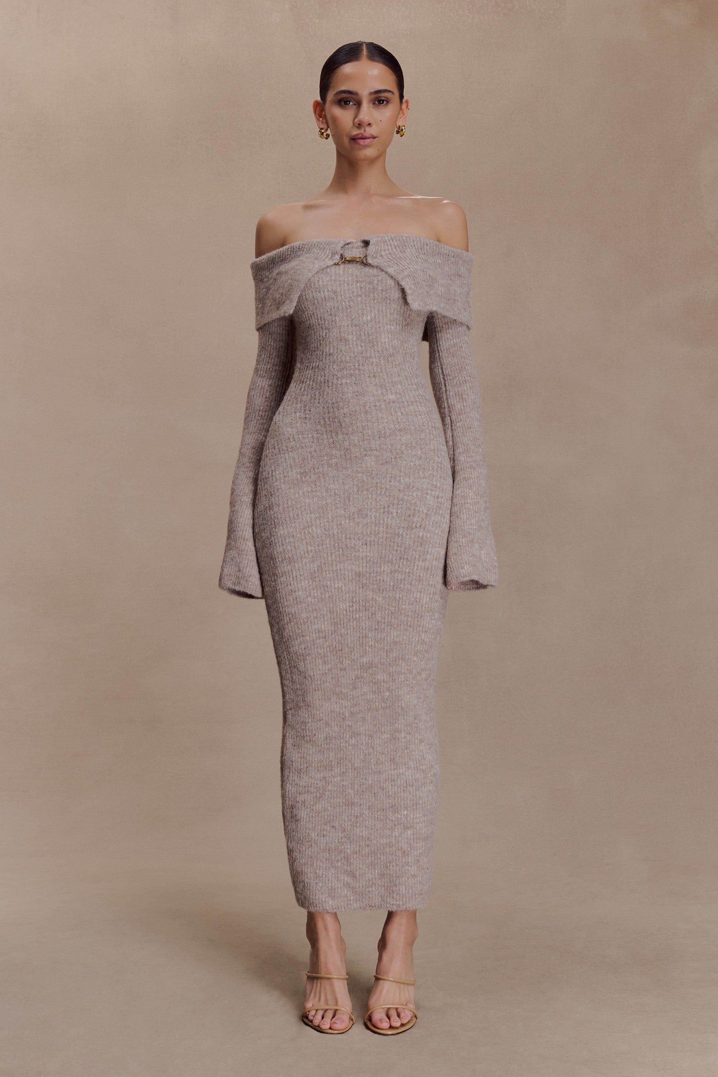 Baxter Off Shoulder Fluffy Knit Midi Dress - Taupe Marle
