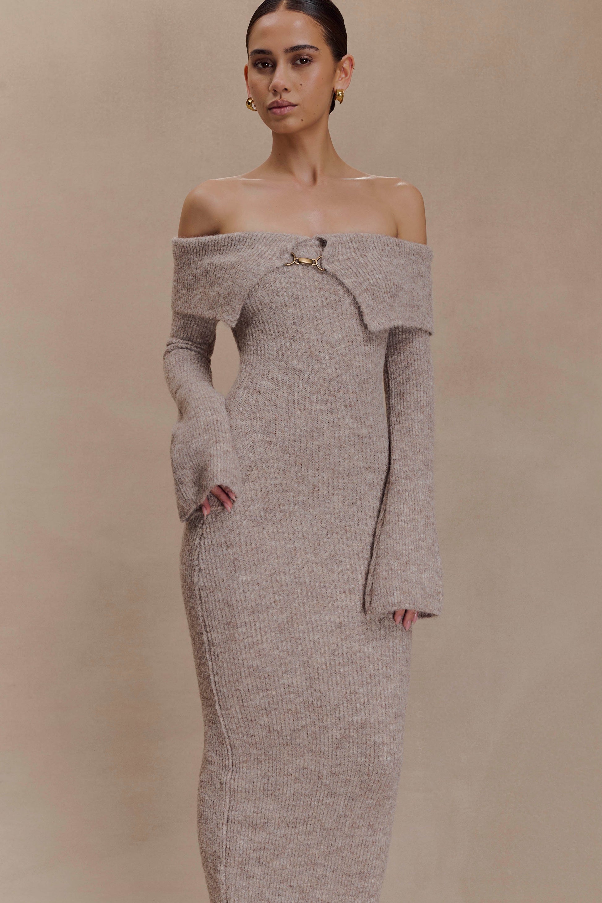 Baxter Off Shoulder Fluffy Knit Midi Dress - Taupe Marle #4